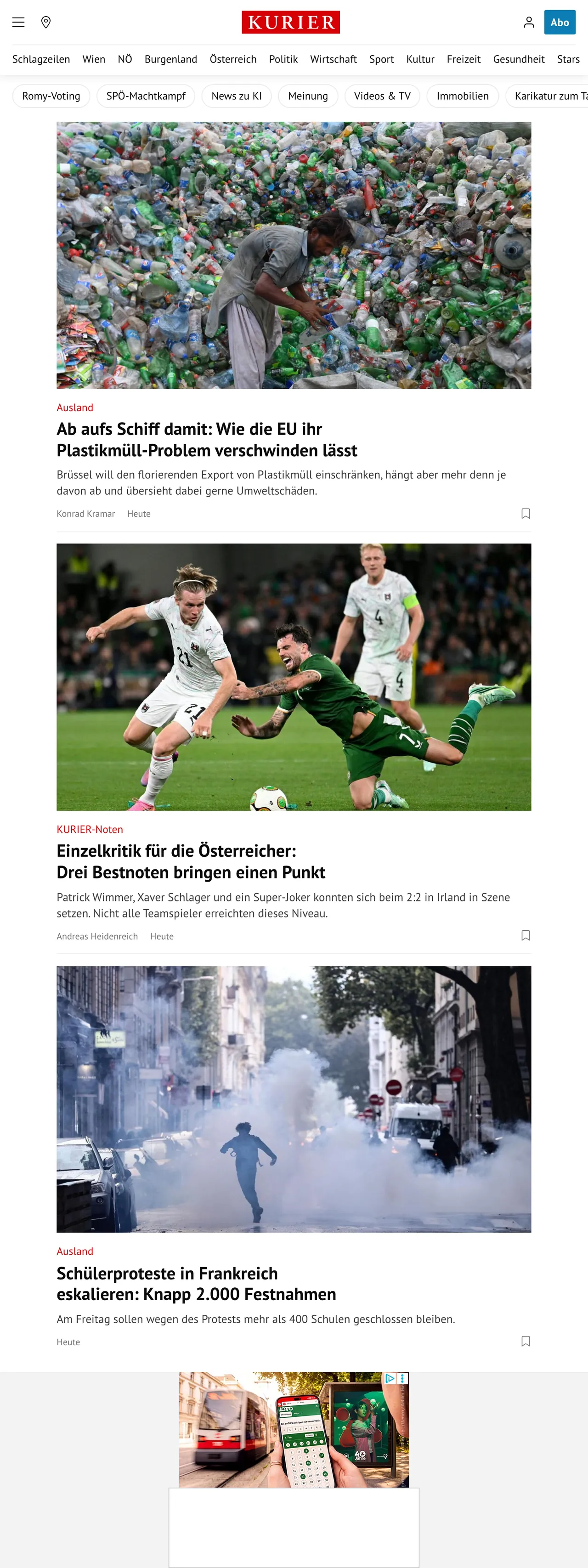 Screenshot of the Kurier front page
