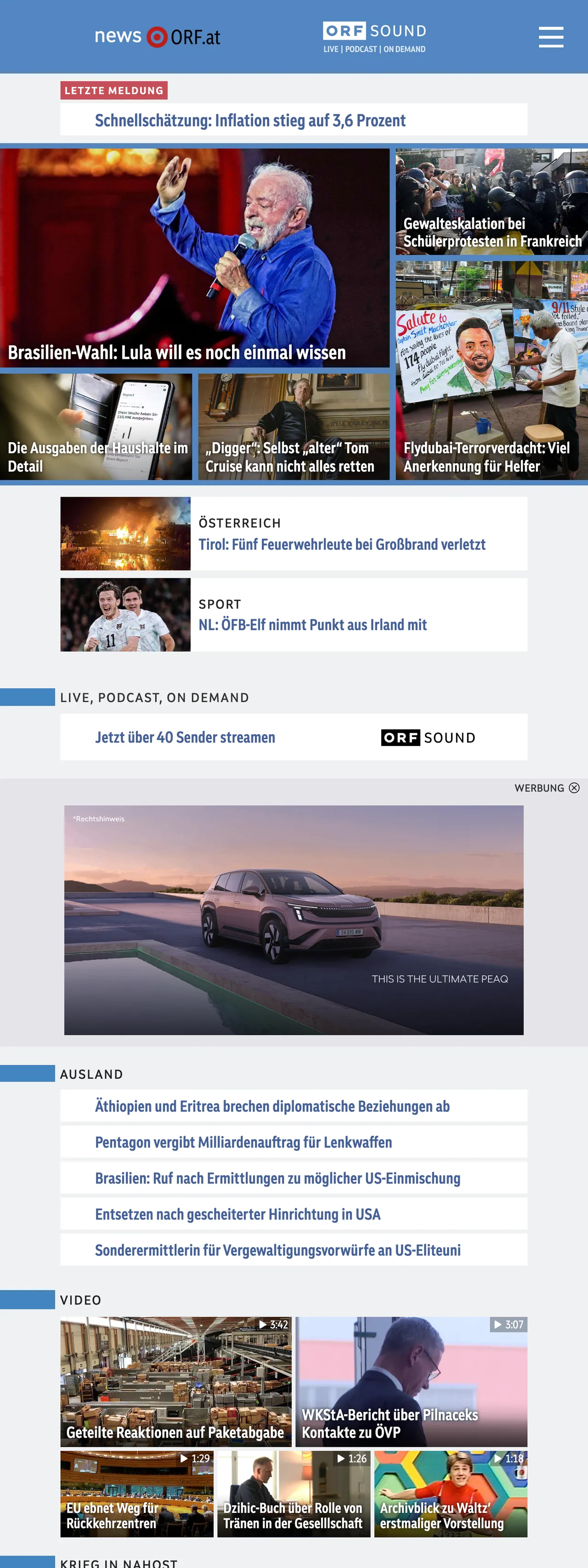 Screenshot of the ORF front page