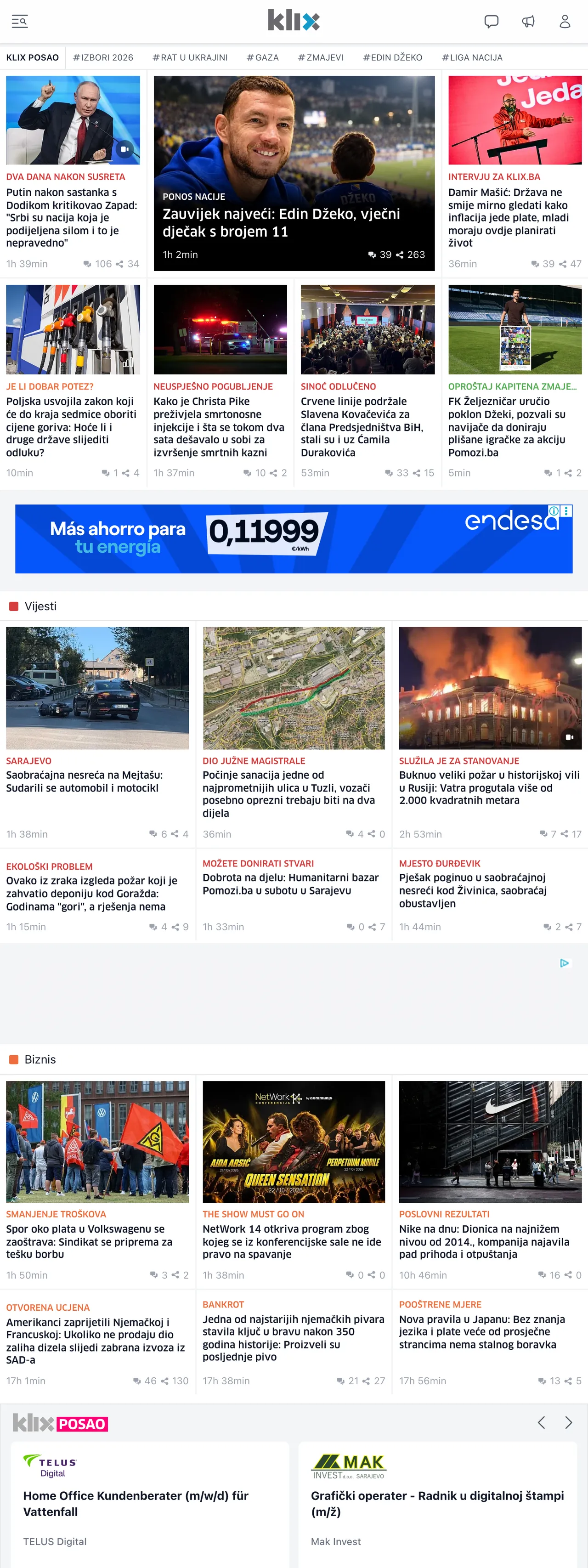 Screenshot of the Klix.ba front page