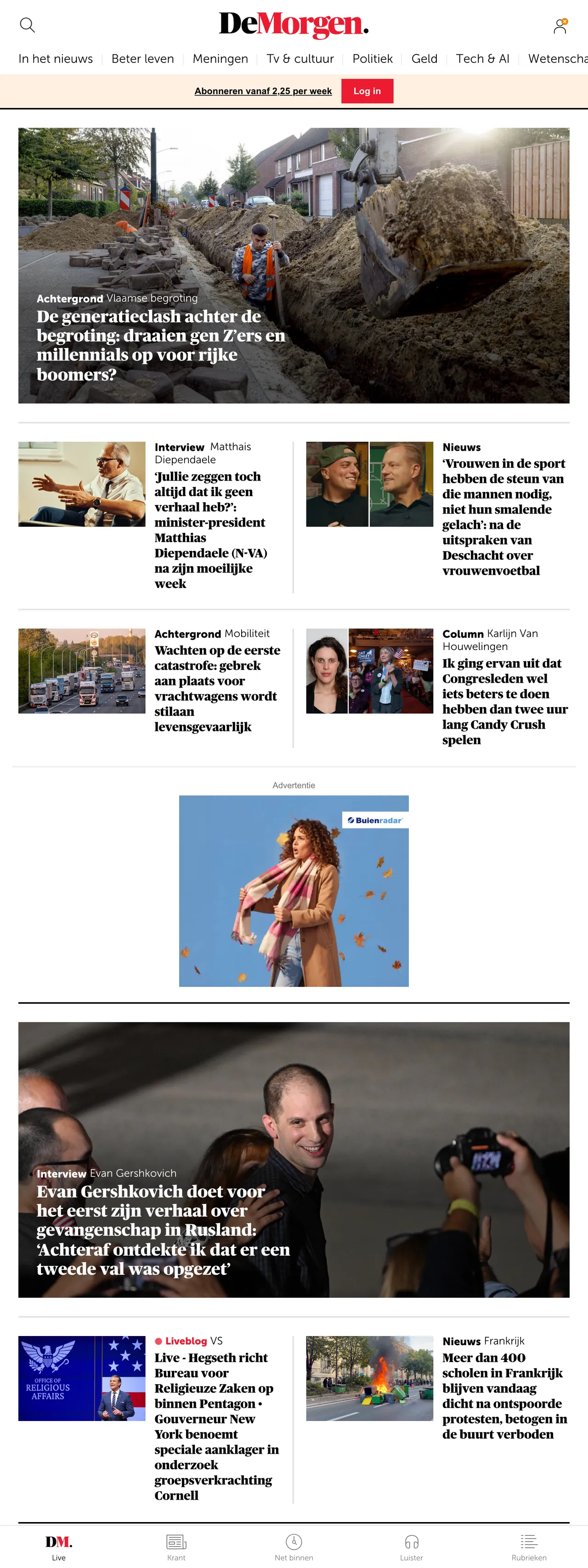 Screenshot of the De Morgen front page
