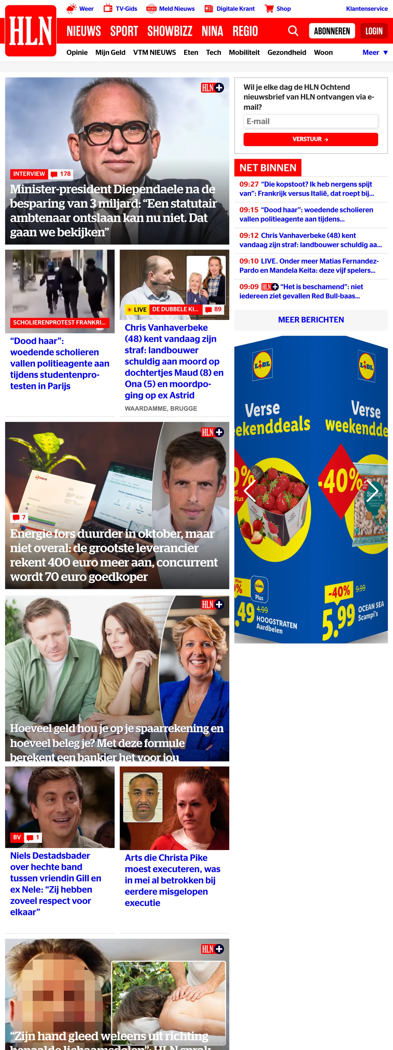 Screenshot of the HLN front page