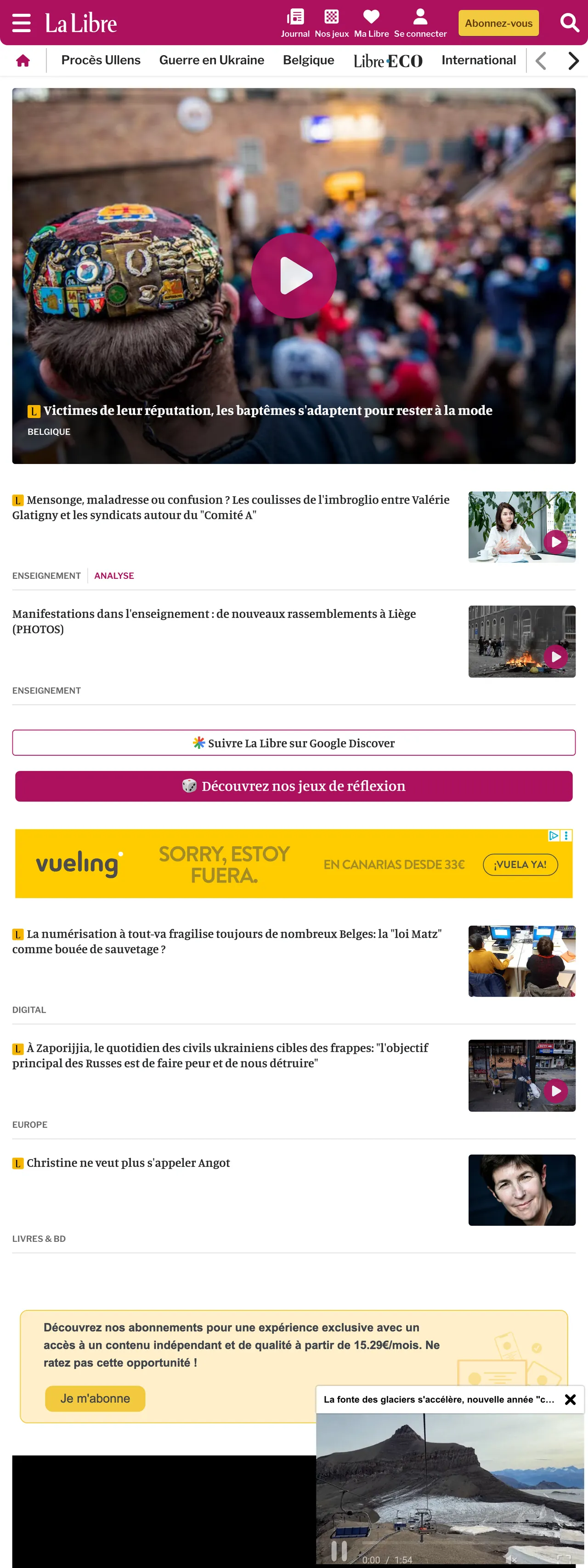 Screenshot of the La Libre front page