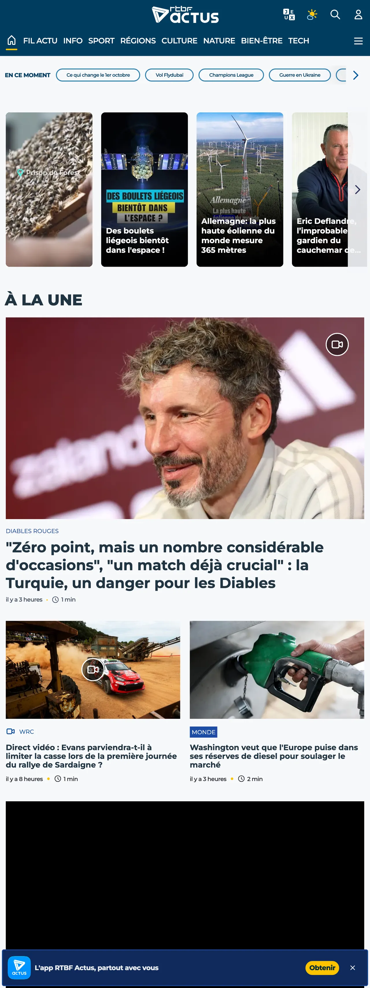 Screenshot of the RTBF front page