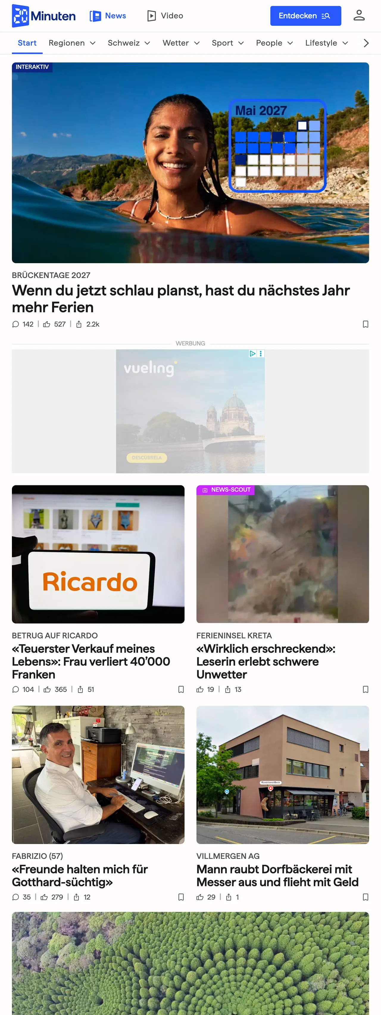 Screenshot of the 20 Minuten front page