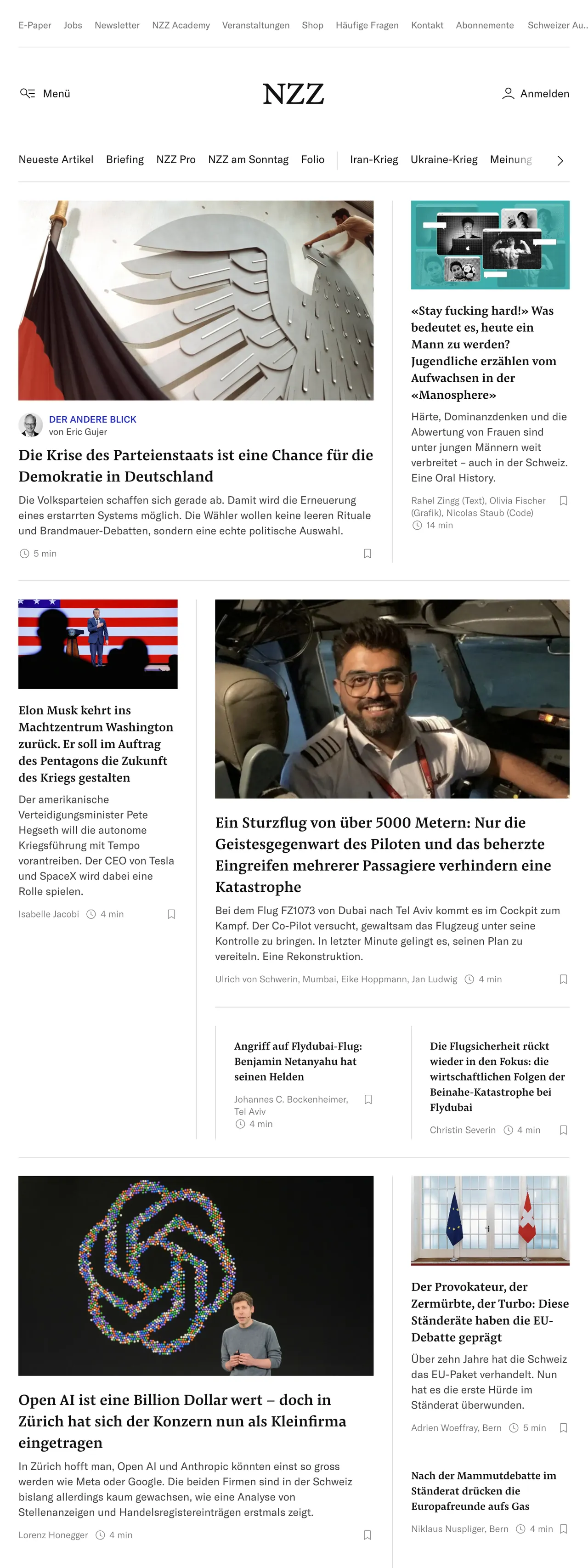 Screenshot of the Neue Zürcher Zeitung front page
