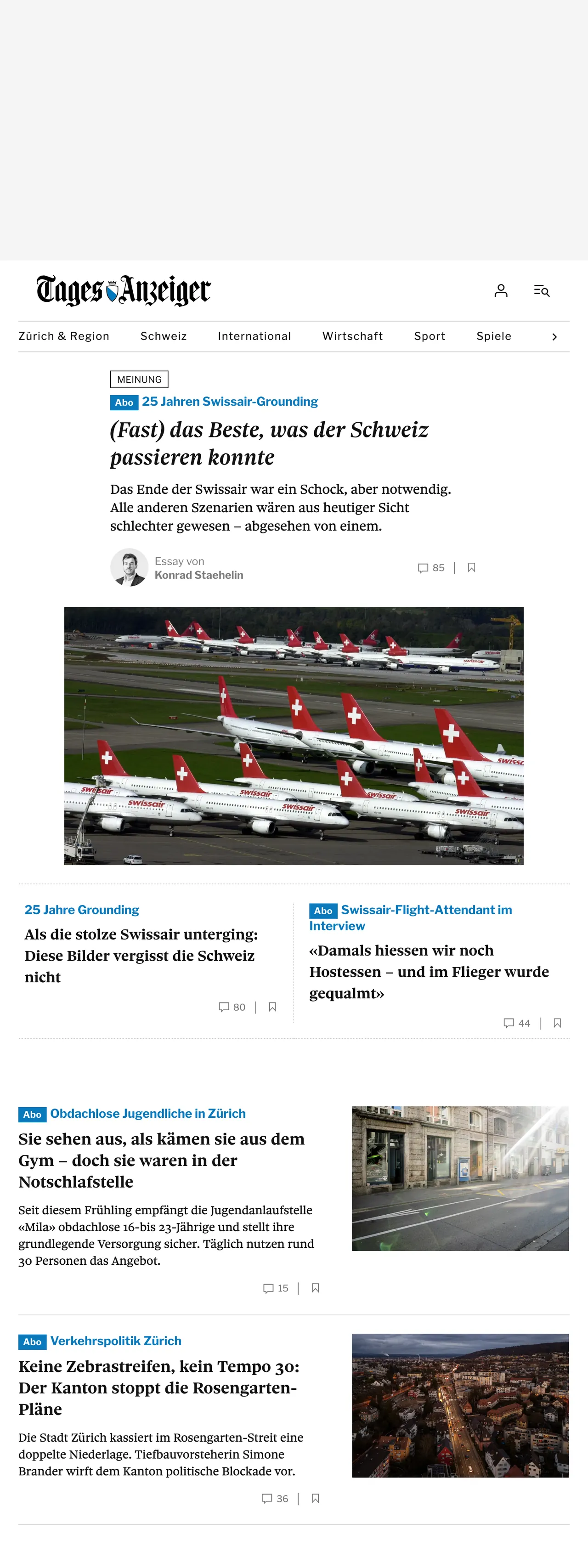 Screenshot of the Tages-Anzeiger front page
