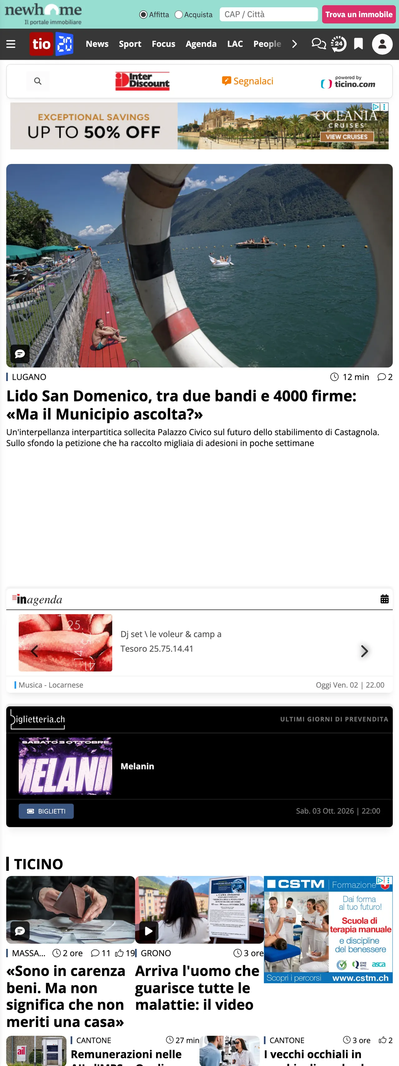 Screenshot of the Ticinonline front page