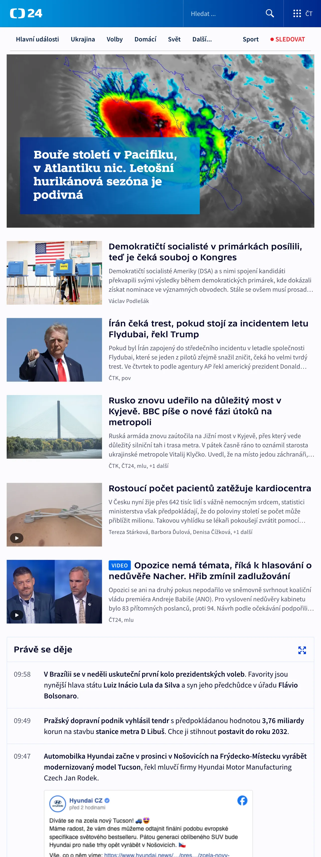 Screenshot of the ČT24 front page