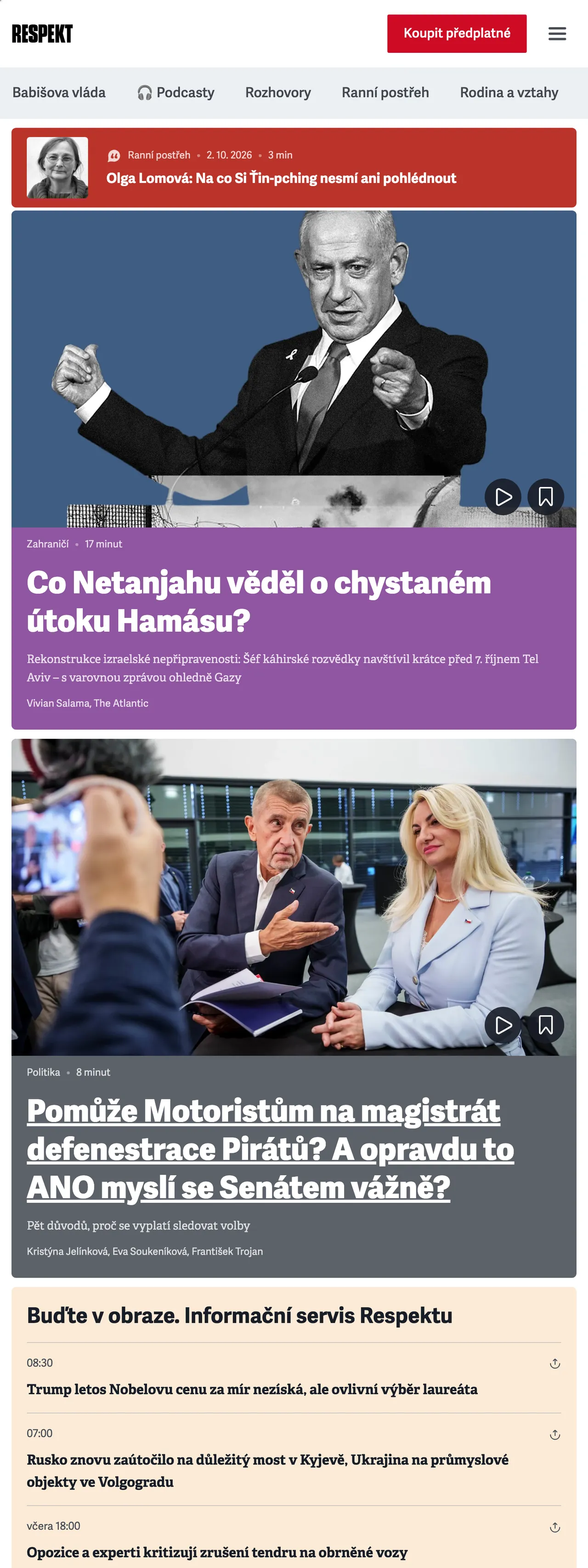 Screenshot of the Respekt front page