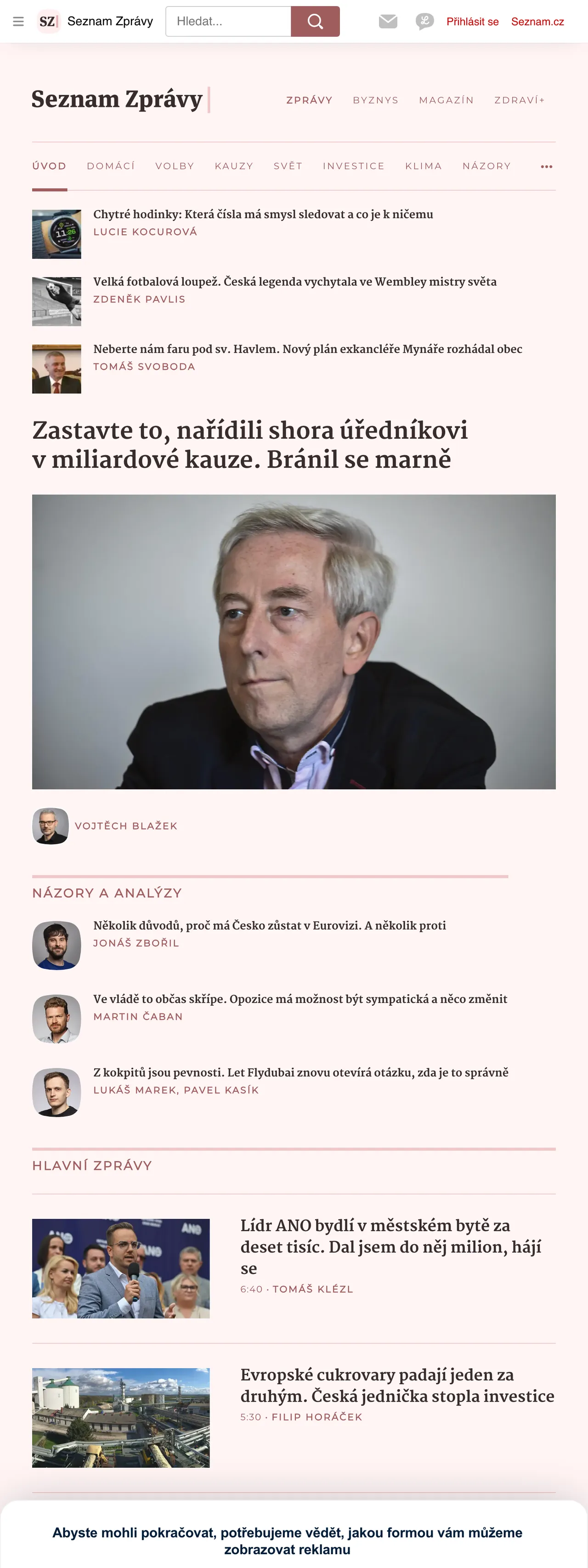 Screenshot of the Seznam Zprávy front page