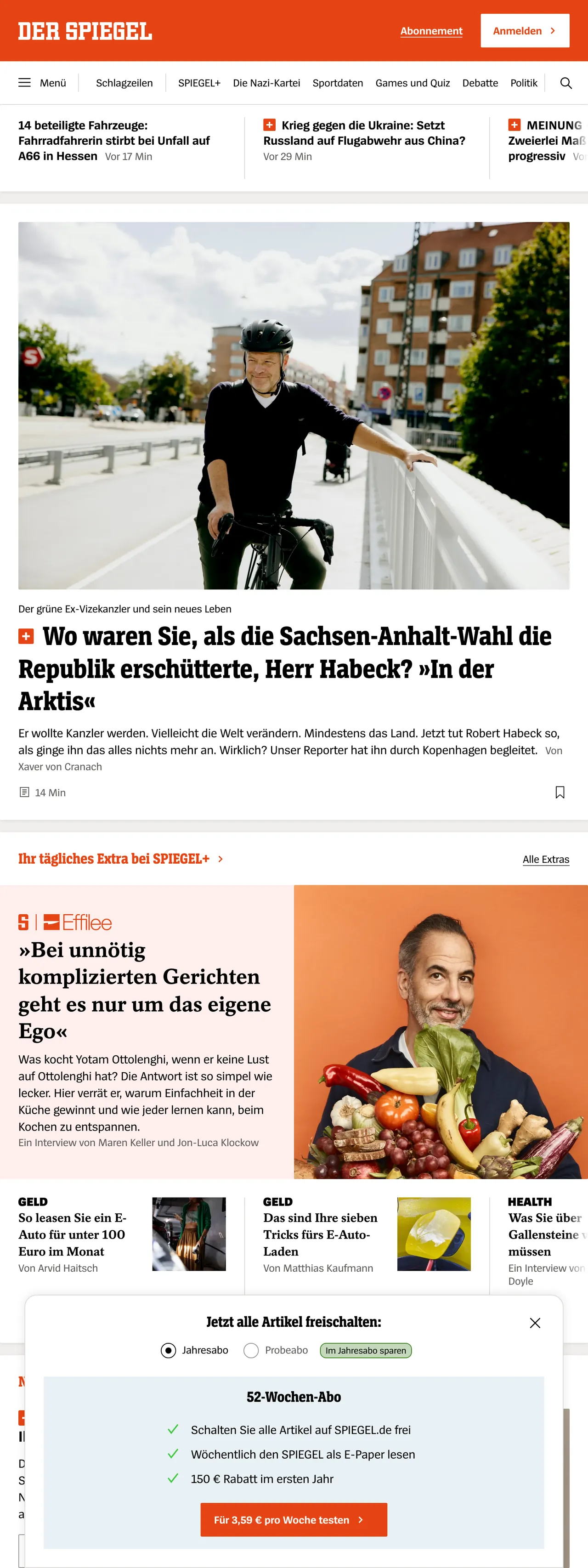 Screenshot of the DER SPIEGEL front page