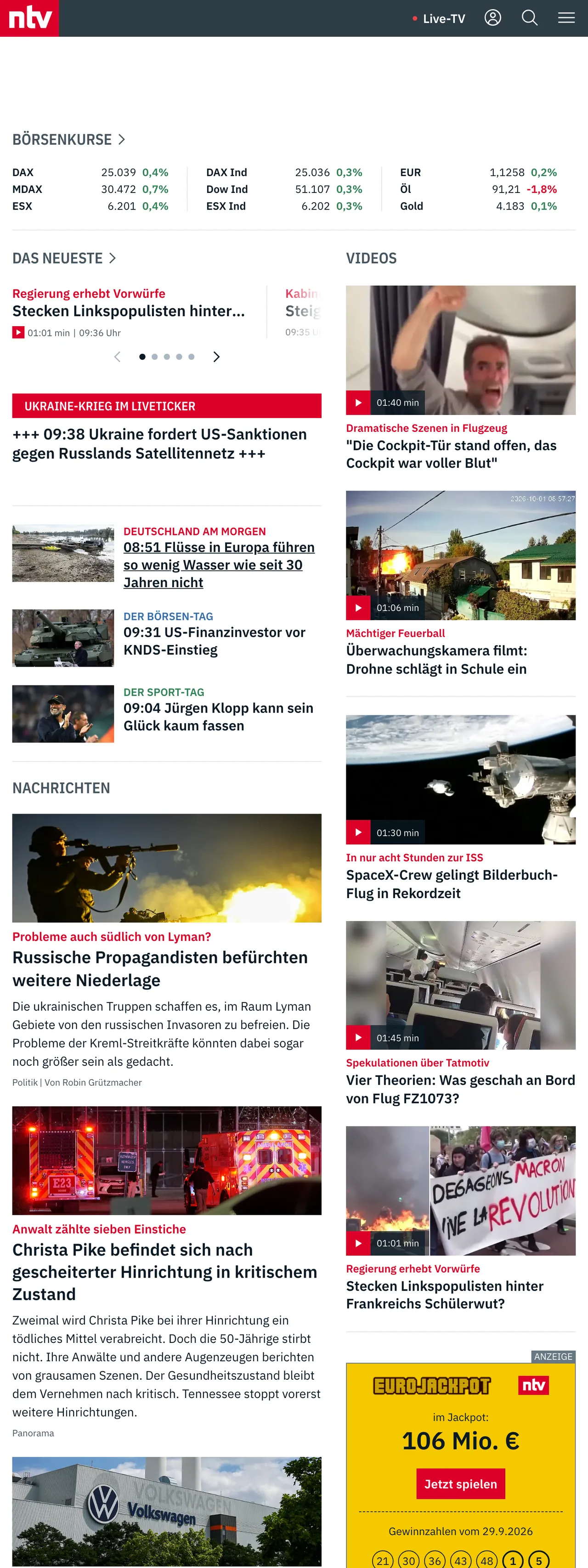 Screenshot of the n-tv front page
