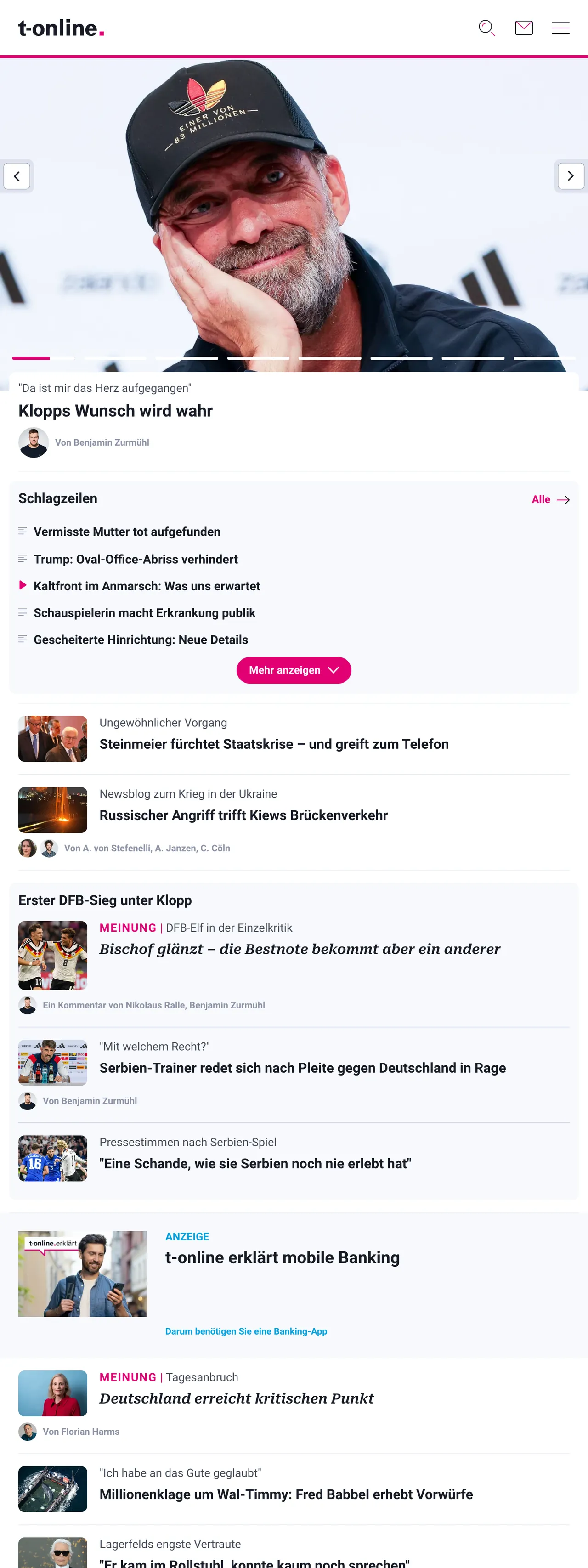 Screenshot of the t-online front page