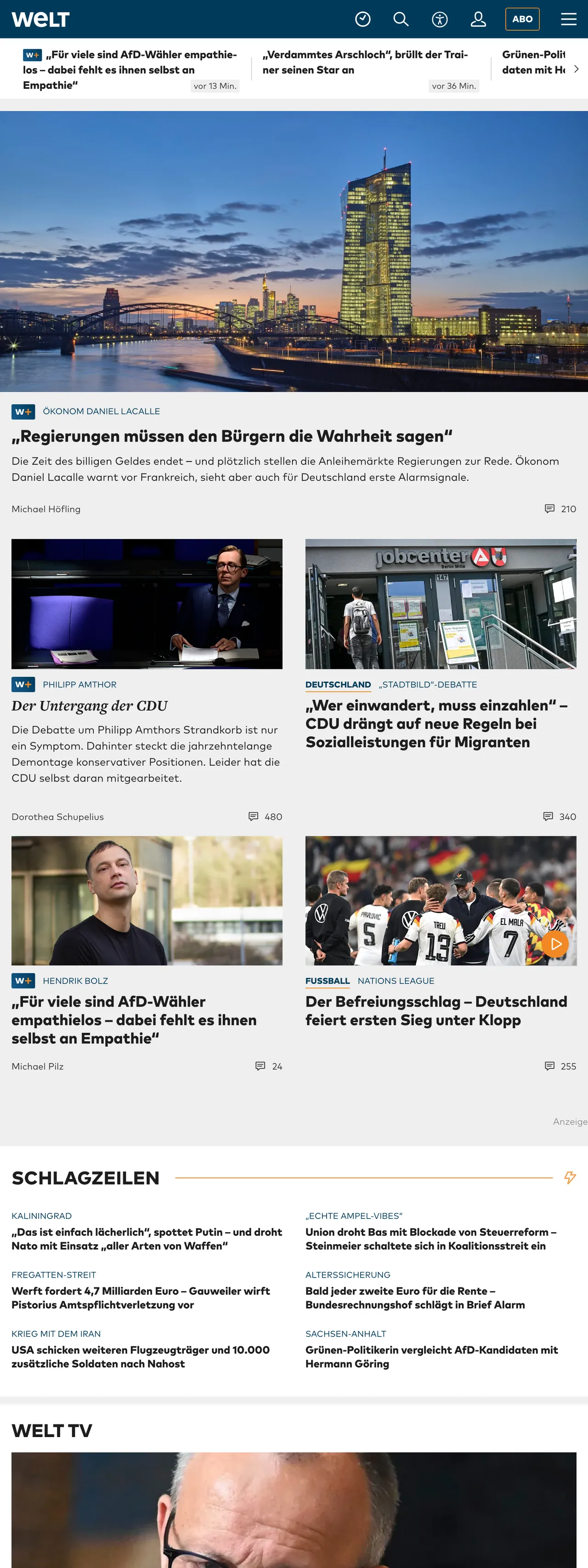 Screenshot of the WELT front page