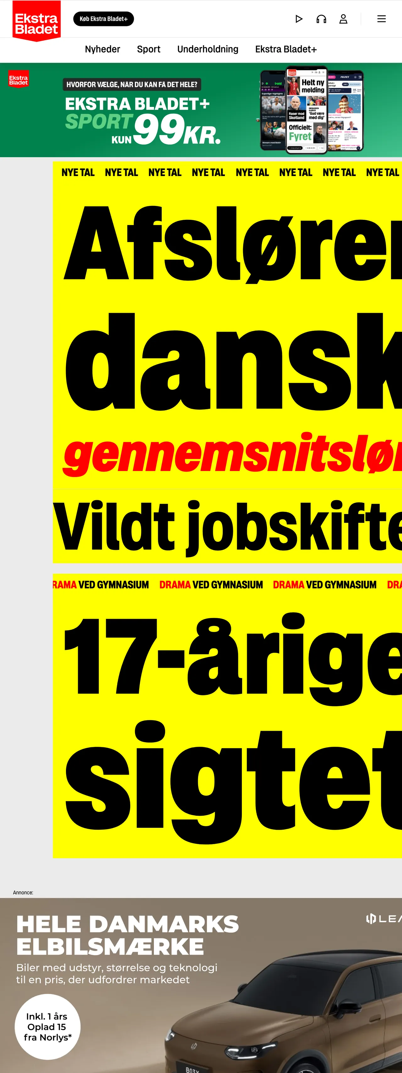Screenshot of the Ekstra Bladet front page