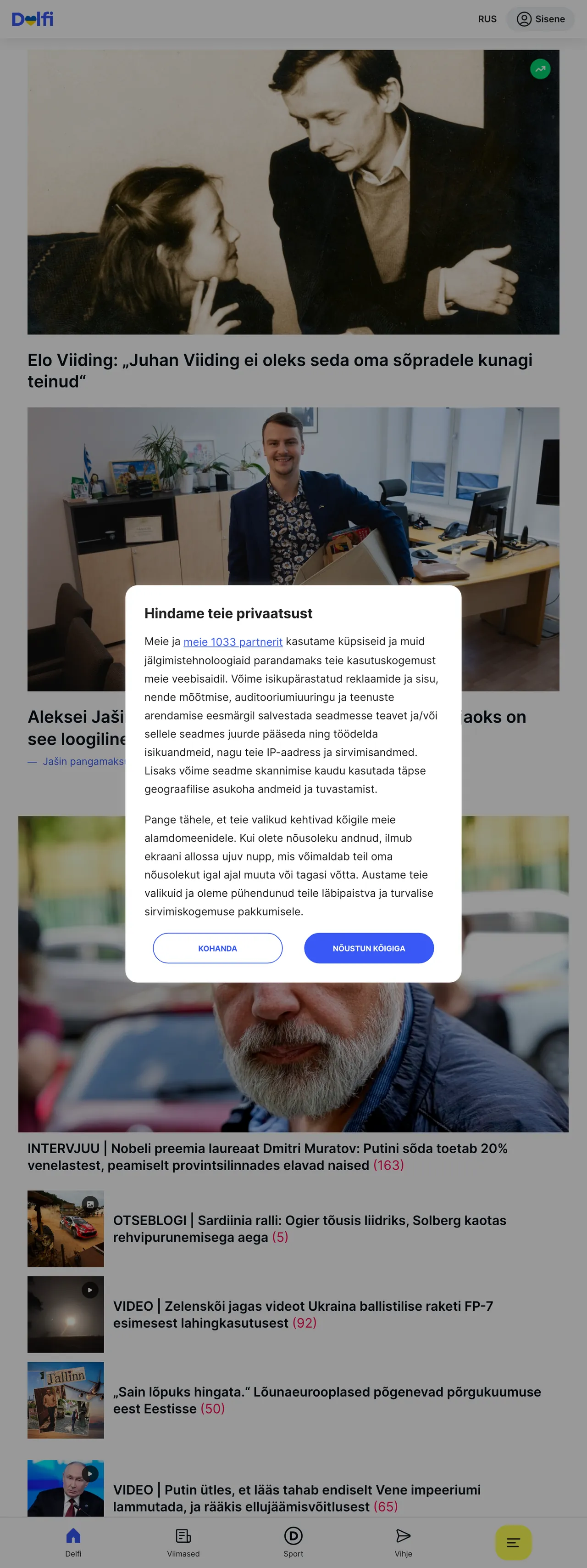 Screenshot of the Delfi front page