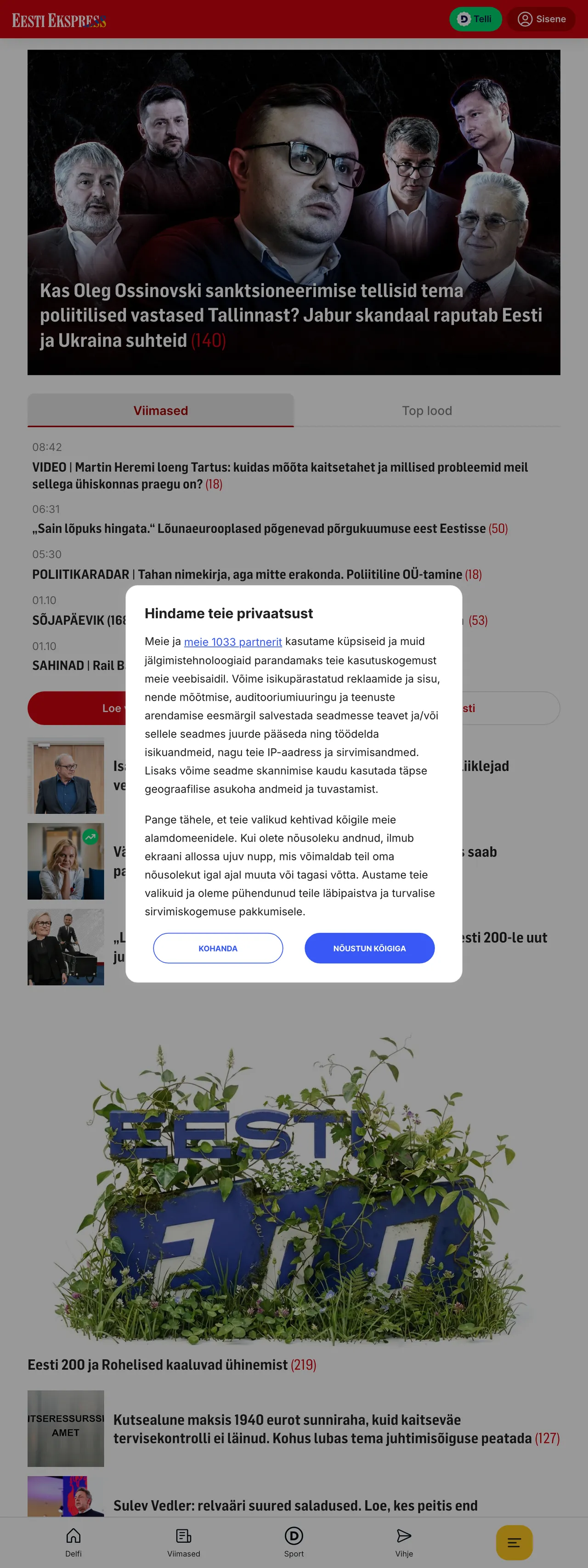 Screenshot of the Eesti Ekspress front page