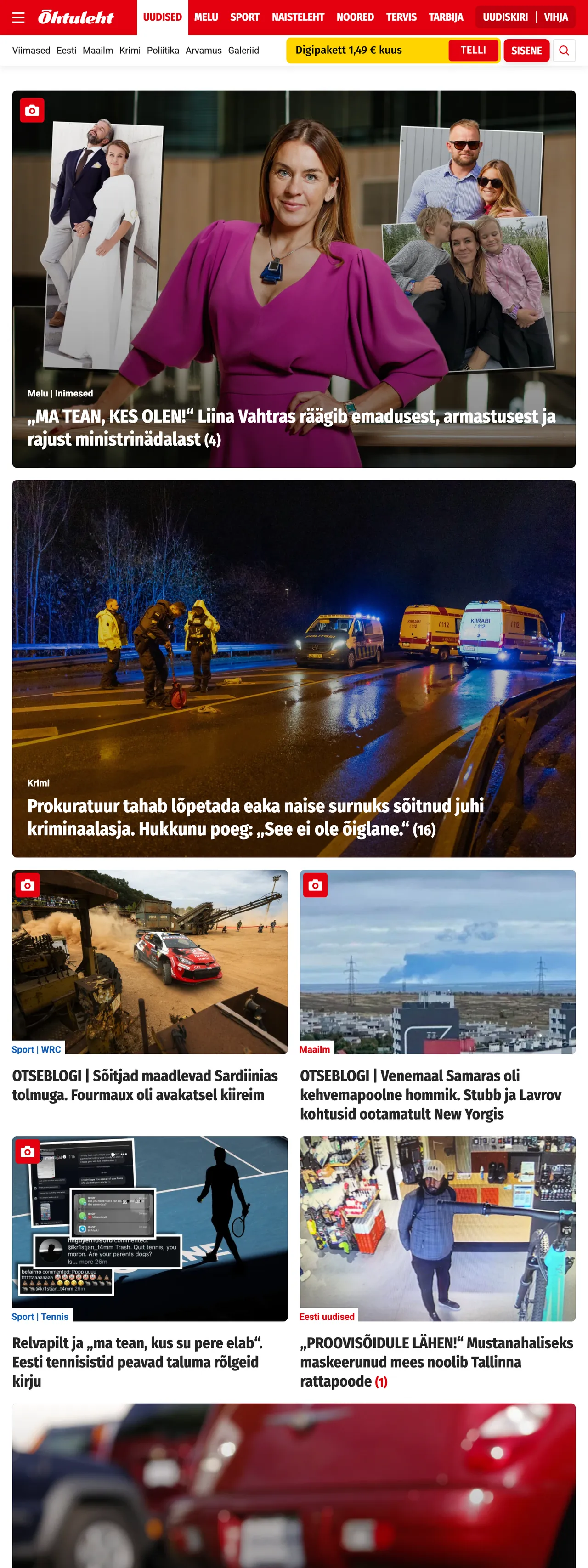 Screenshot of the Õhtuleht front page