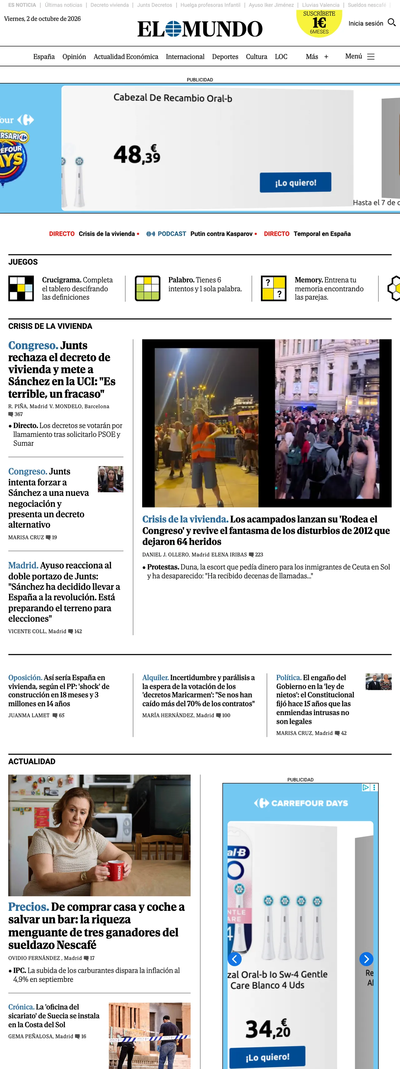 Screenshot of the El Mundo front page