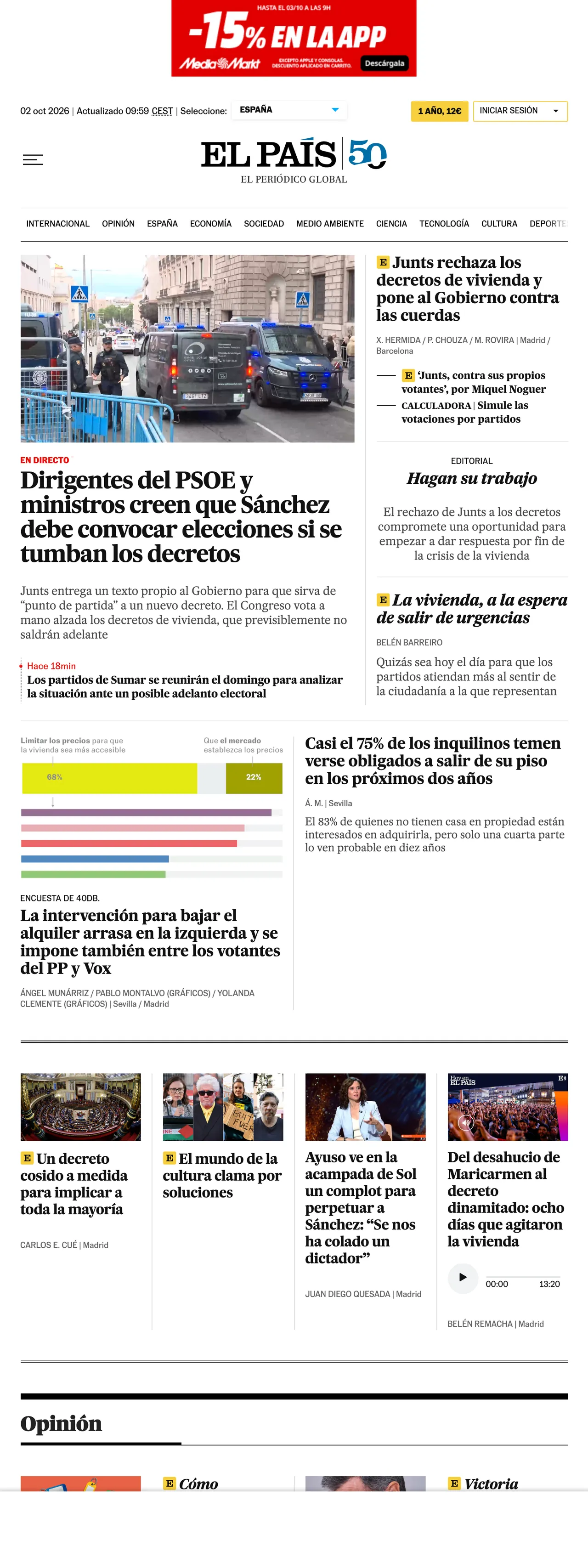 Screenshot of the EL PAÍS front page