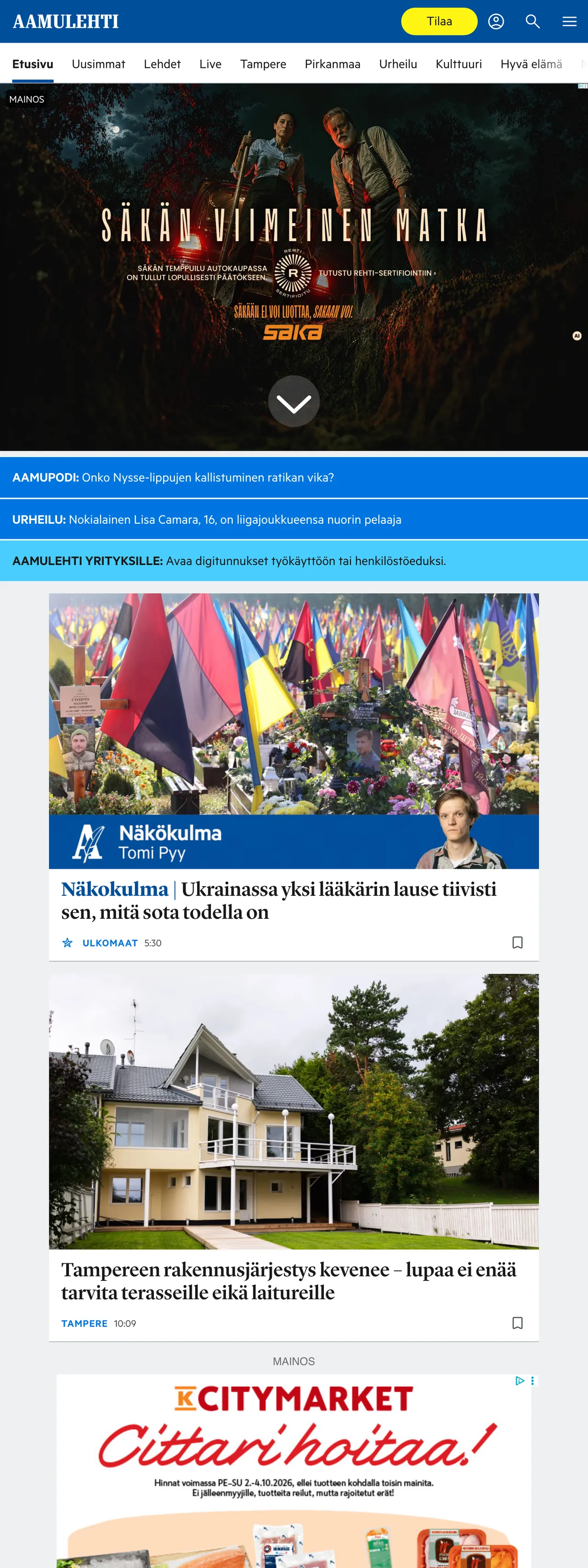 Screenshot of the Aamulehti front page