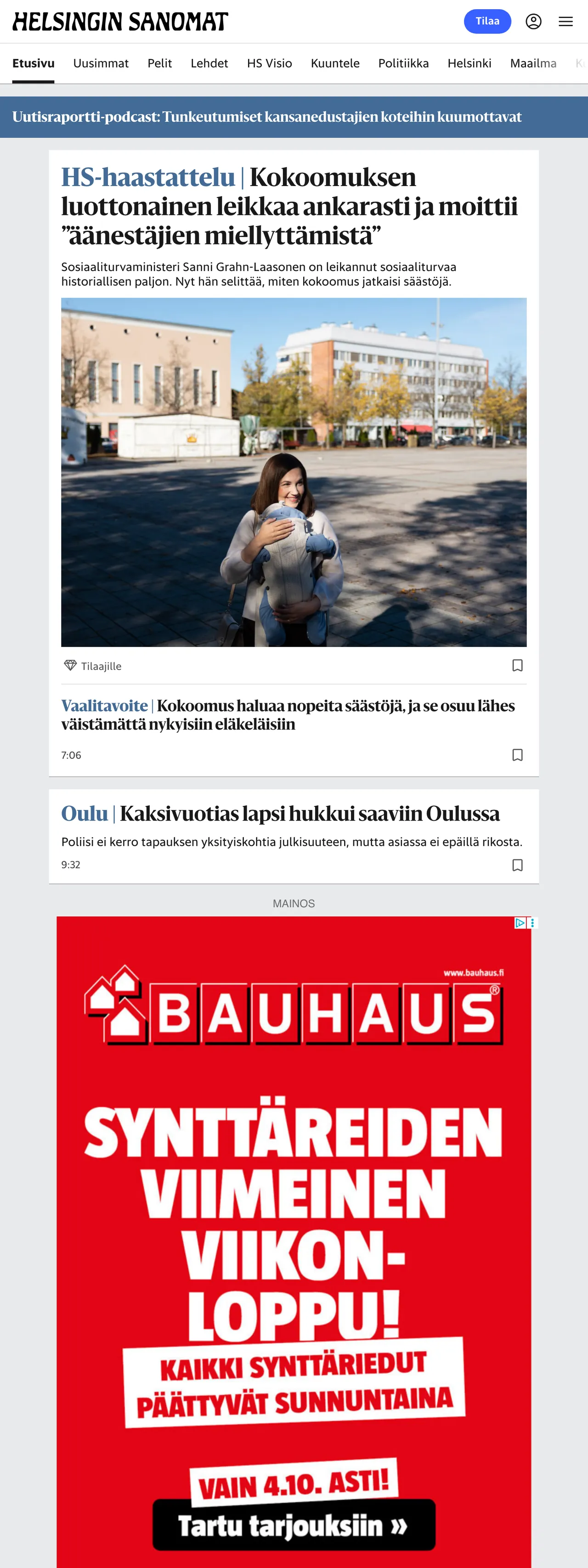 Screenshot of the Helsingin Sanomat front page