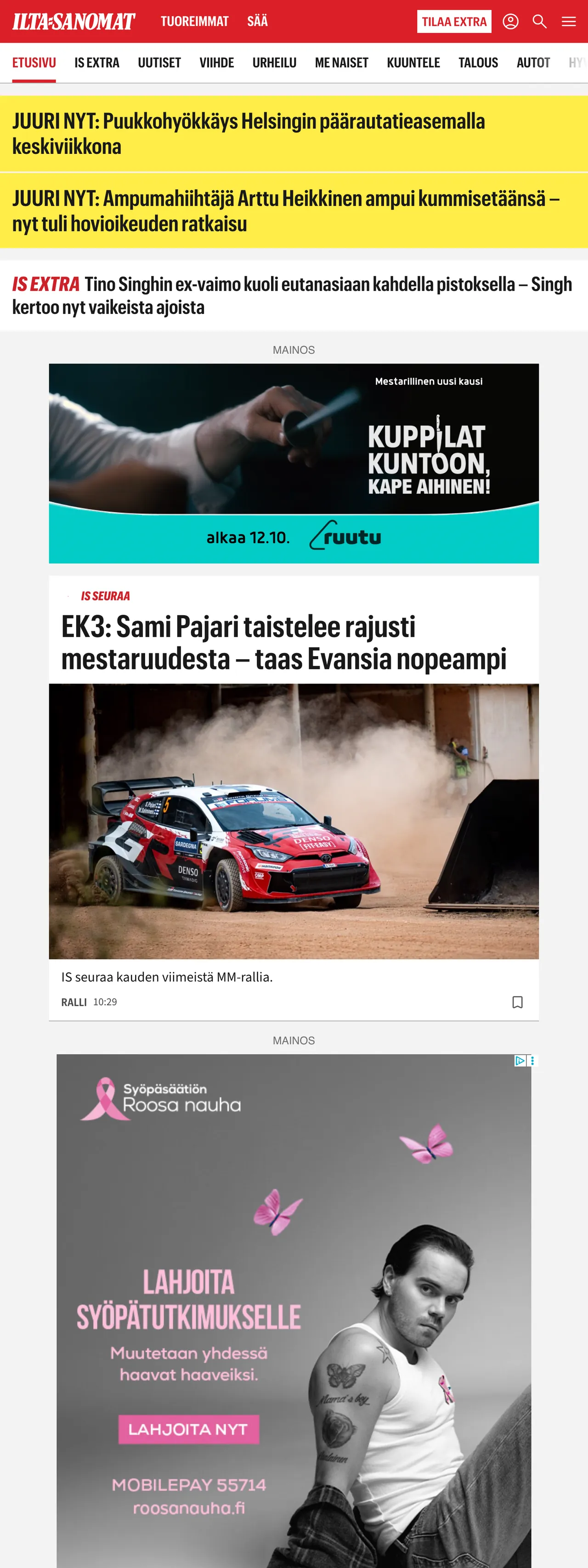 Screenshot of the Ilta-Sanomat front page
