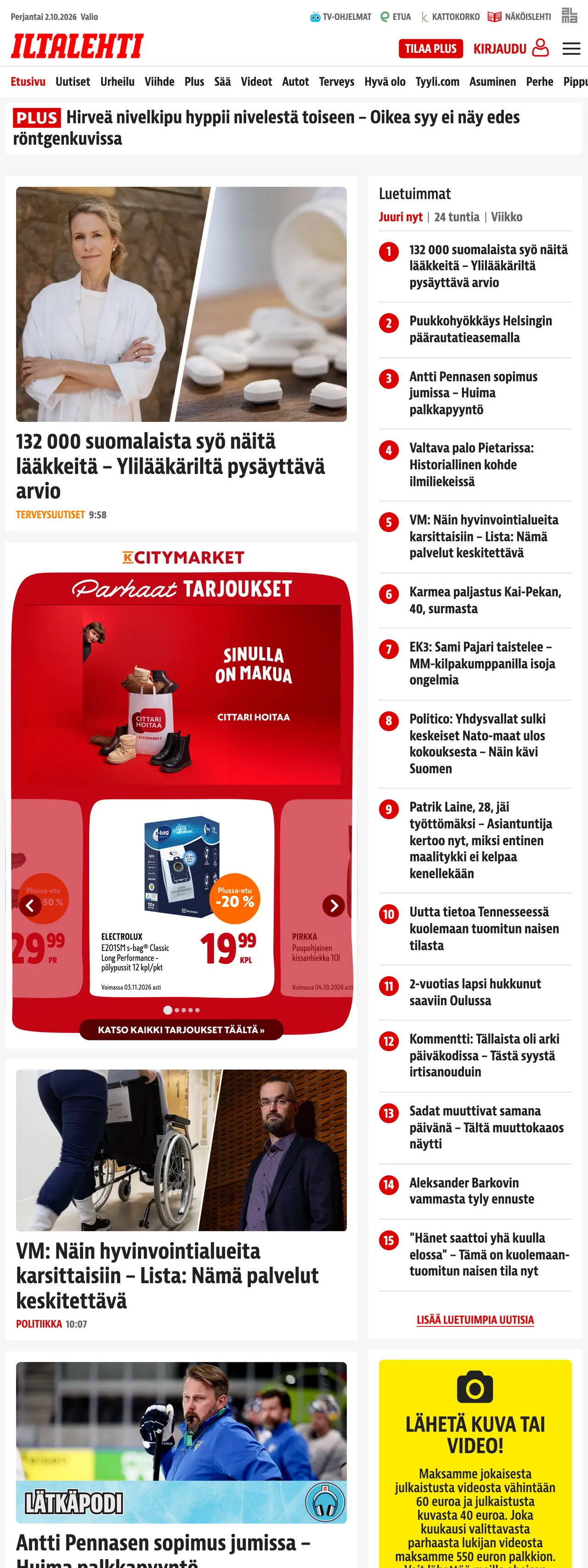 Screenshot of the Iltalehti front page
