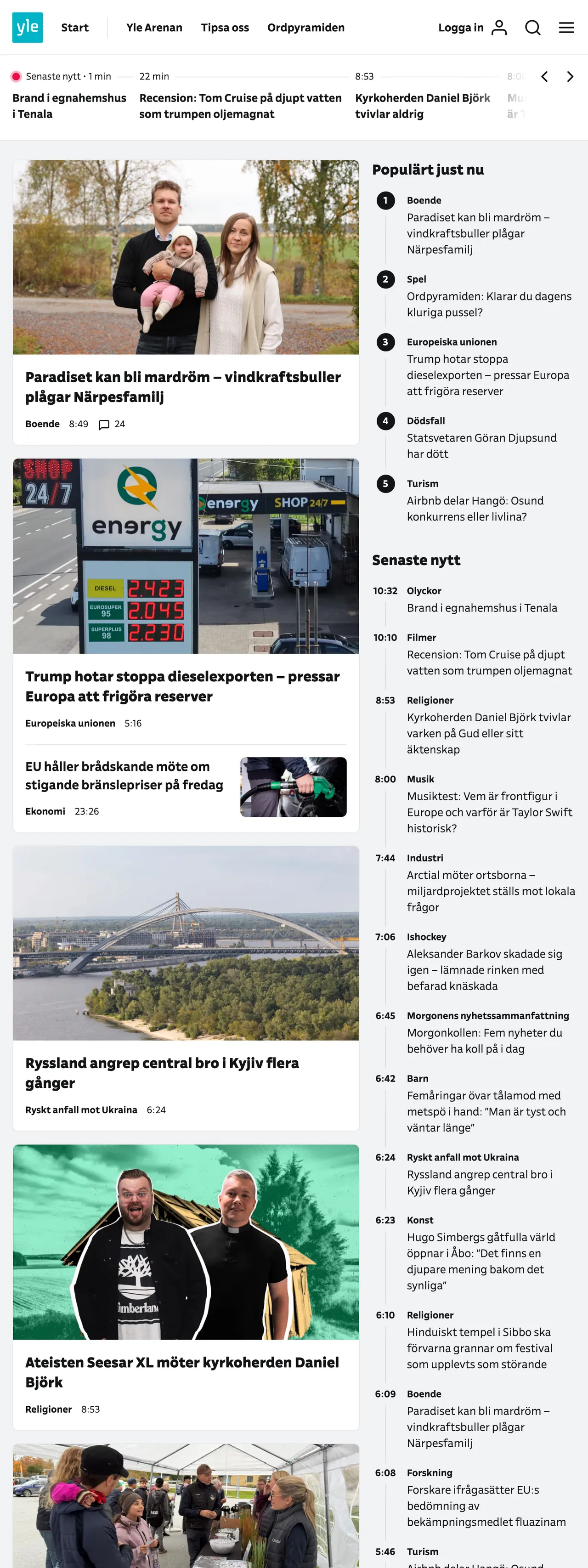 Screenshot of the Svenska Yle front page