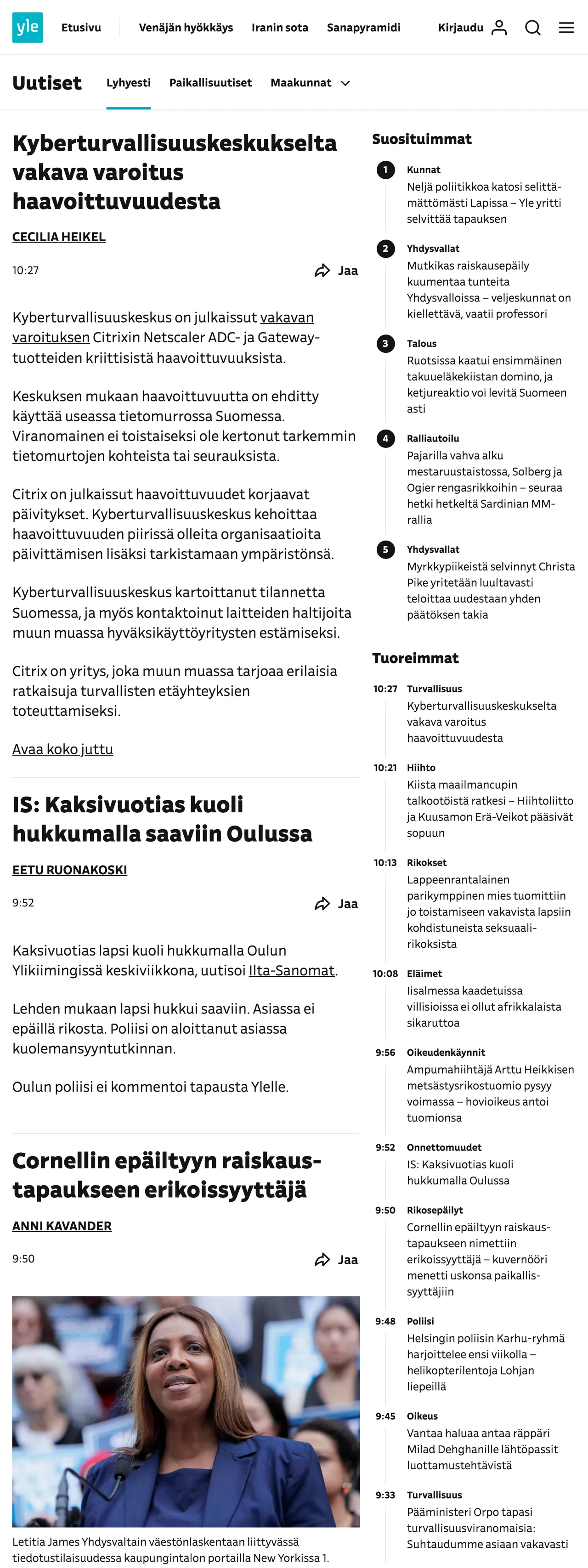 Screenshot of the Yle front page
