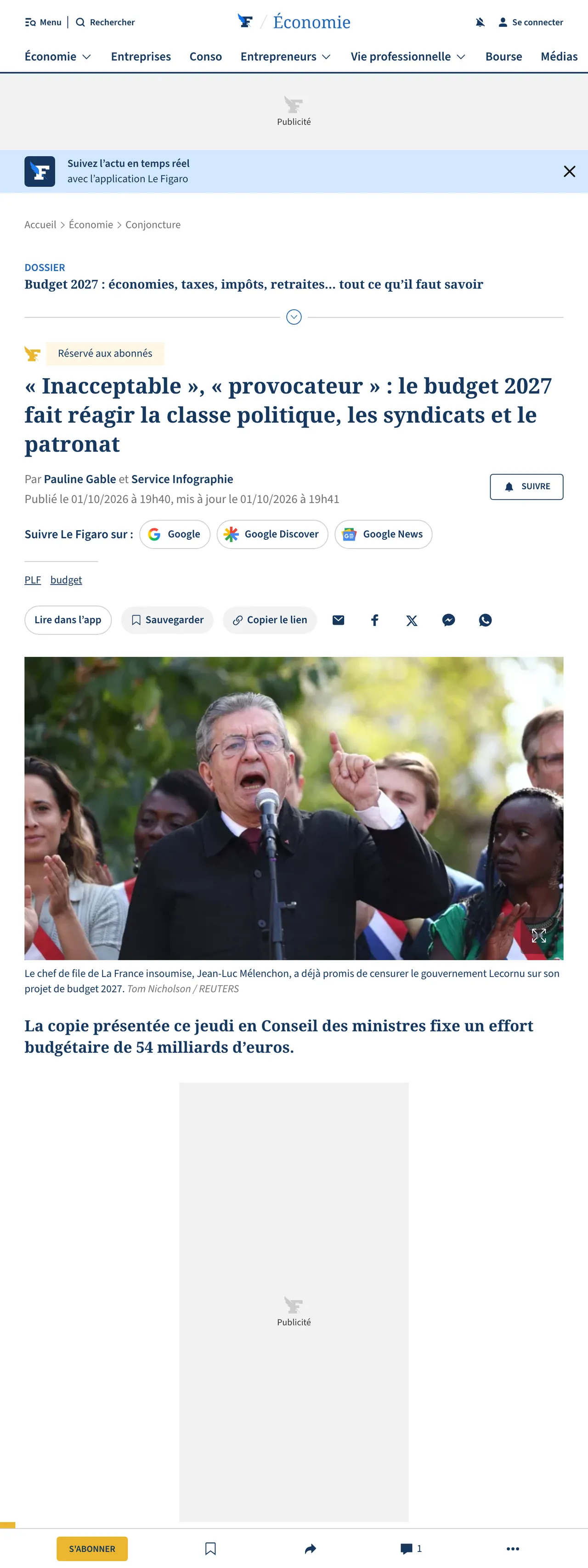 Screenshot of the Le Figaro front page