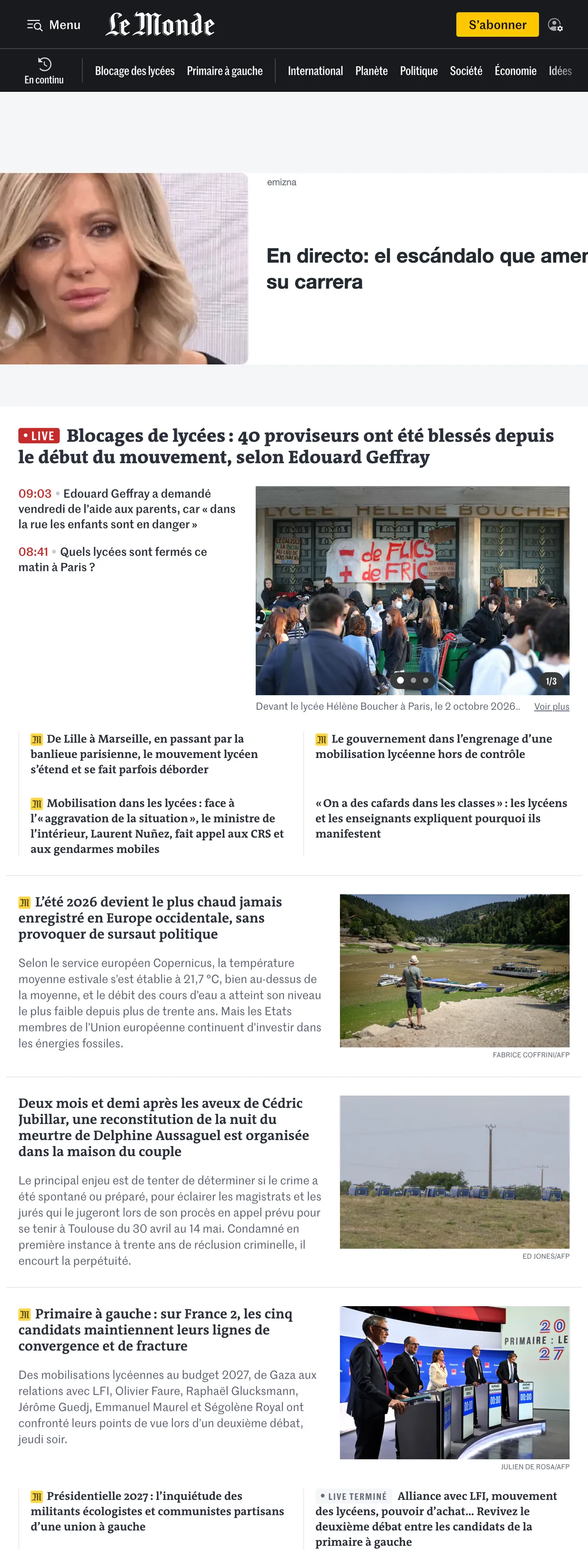 Screenshot of the Le Monde front page