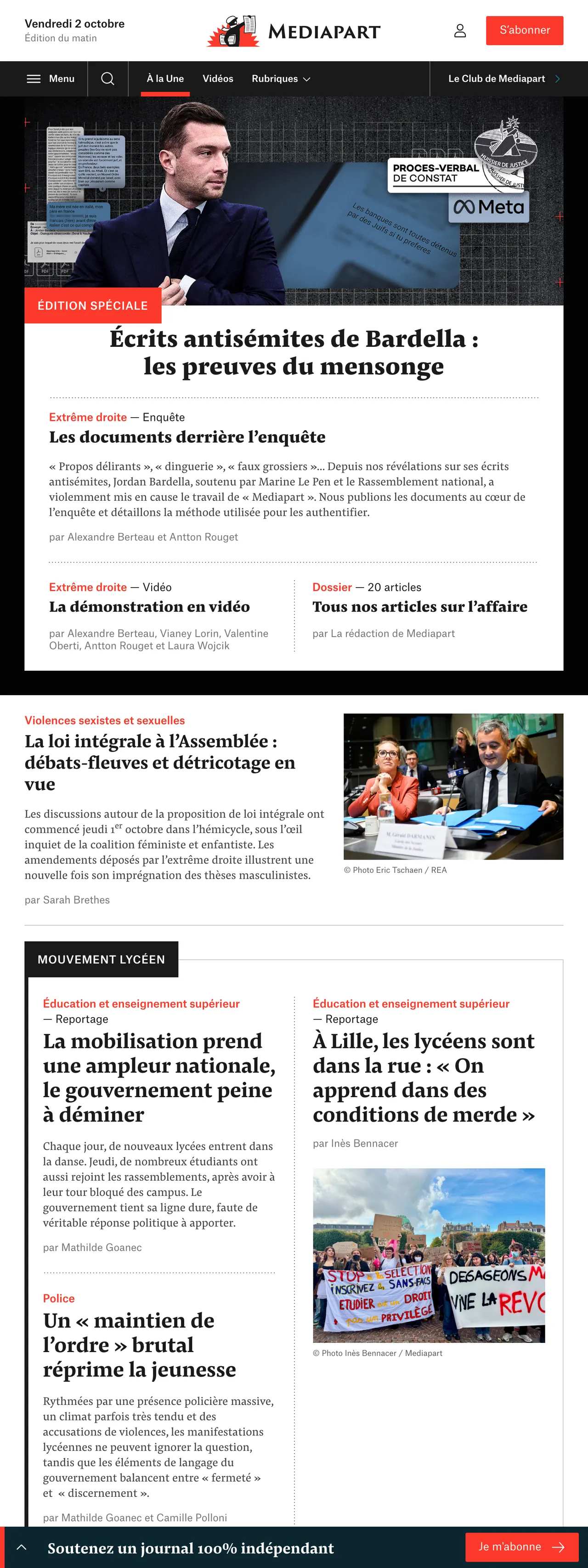 Screenshot of the Mediapart front page