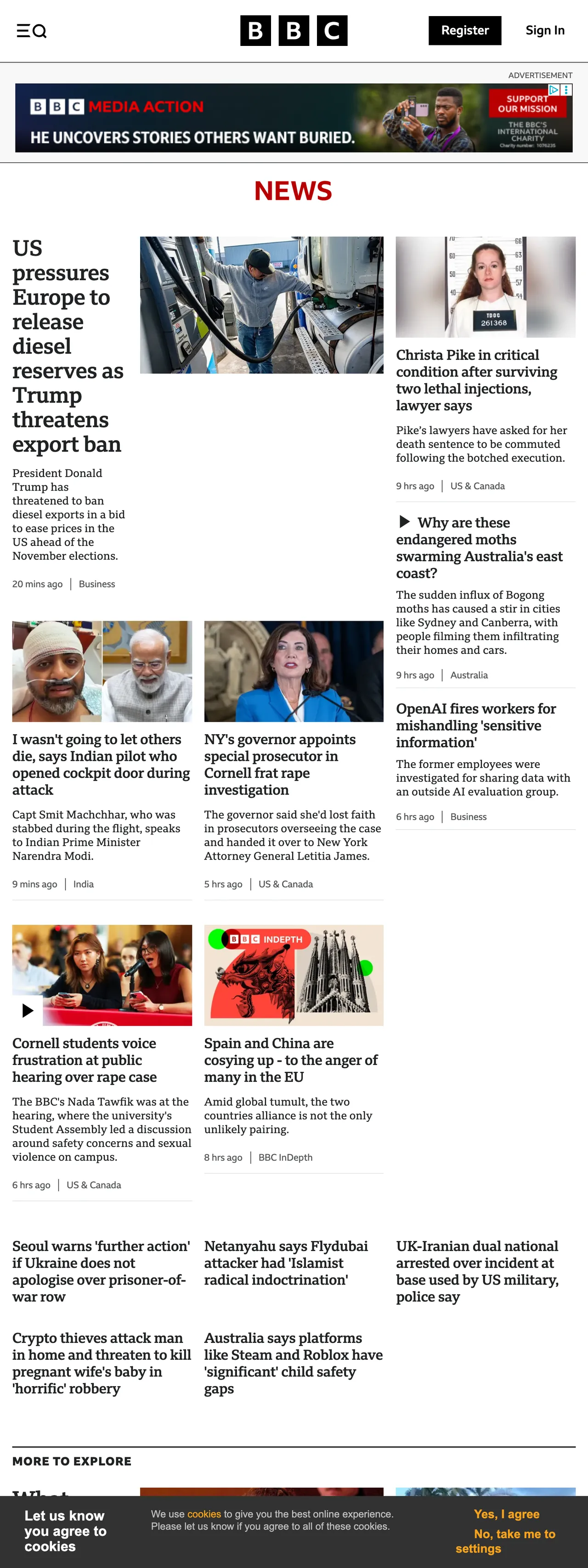 Screenshot of the BBC News front page