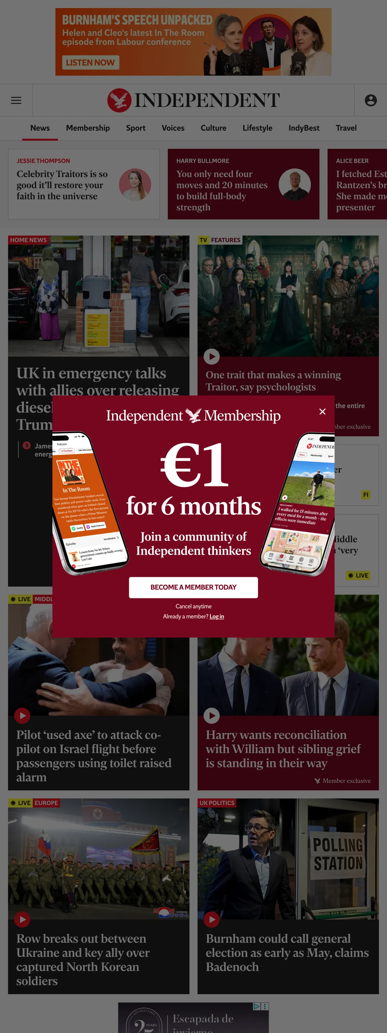 Screenshot of the The Independent front page