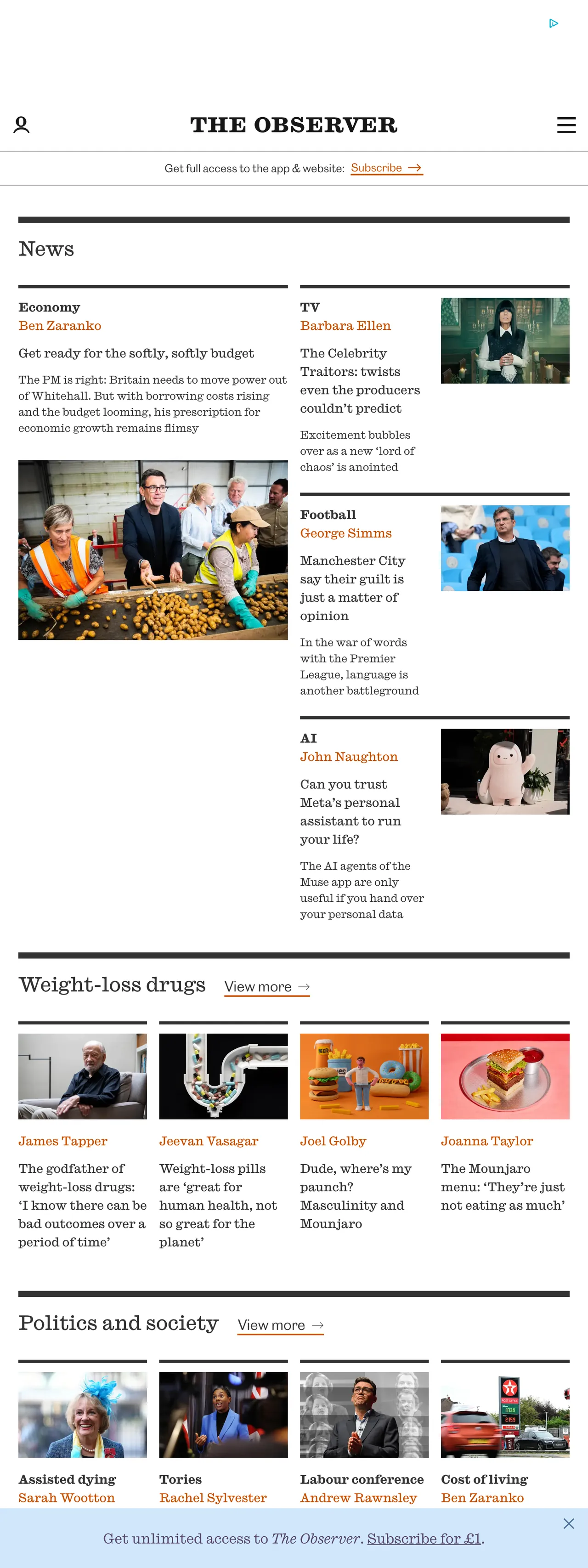 Screenshot of the The Observer front page