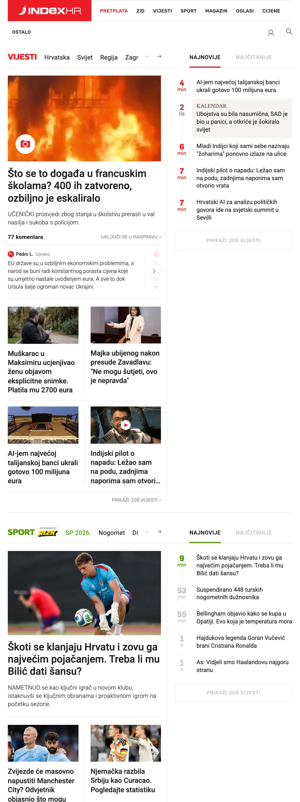 Screenshot of the Index.hr front page