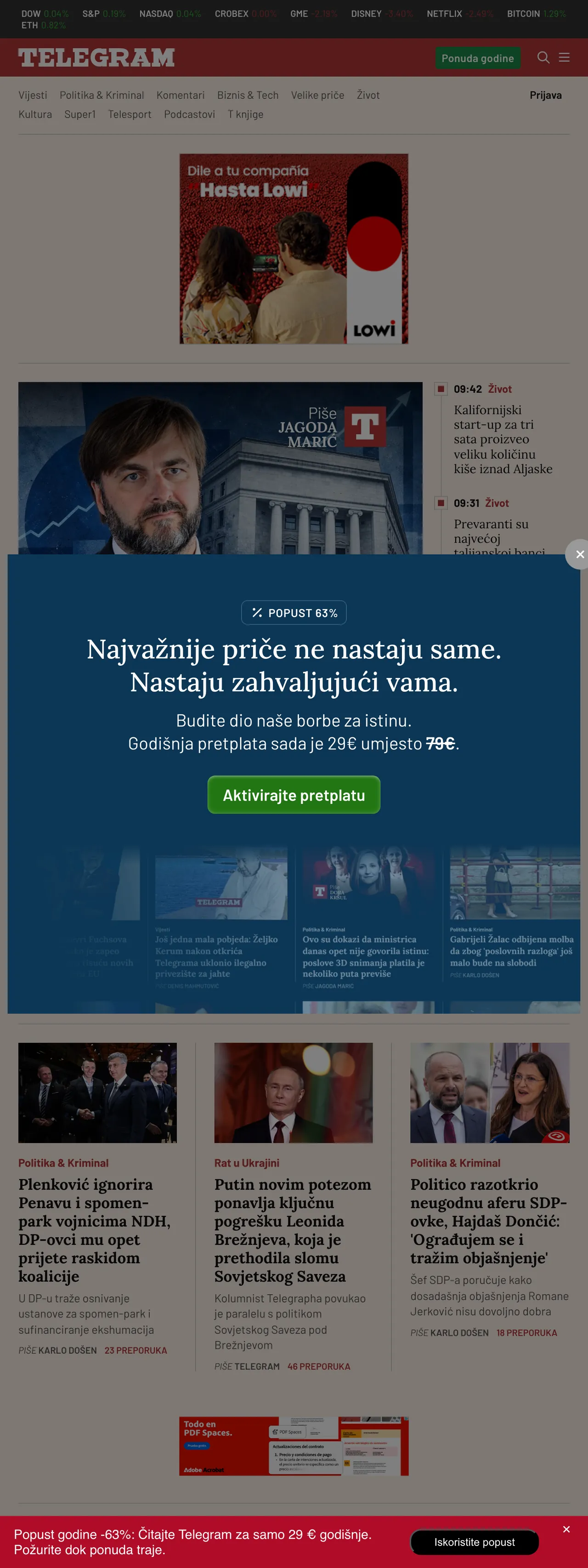 Screenshot of the Telegram.hr front page