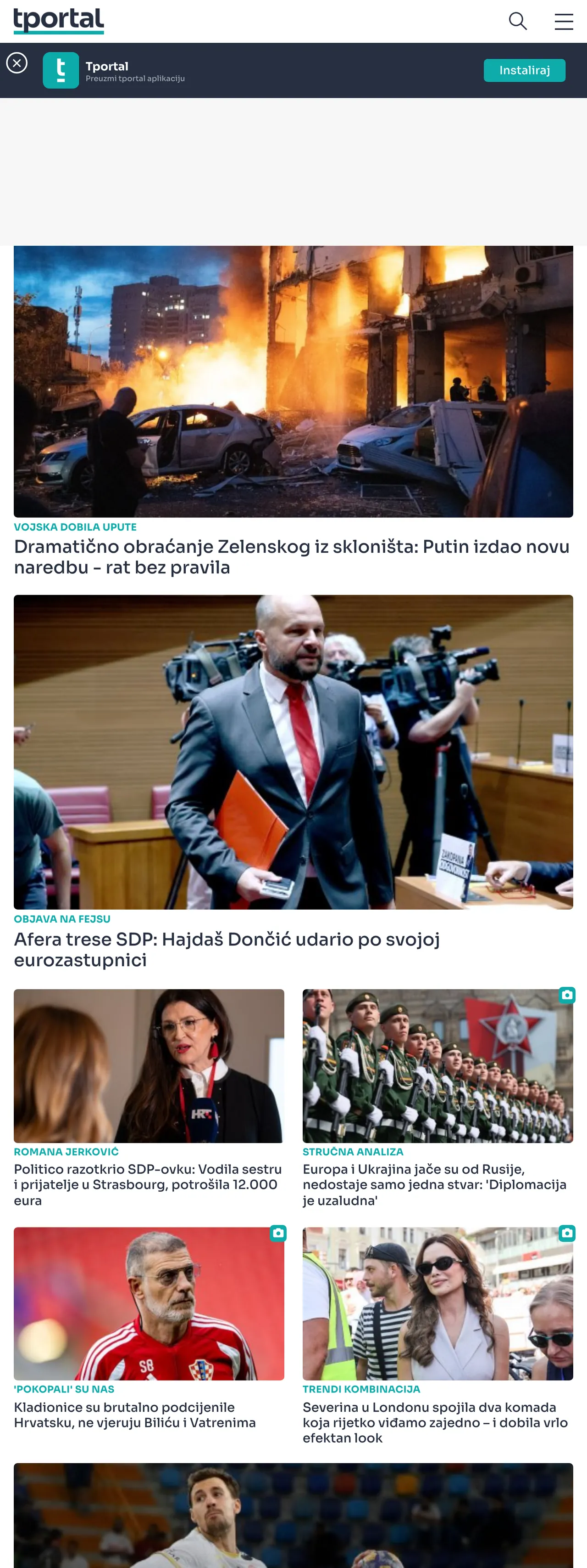 Screenshot of the tportal front page