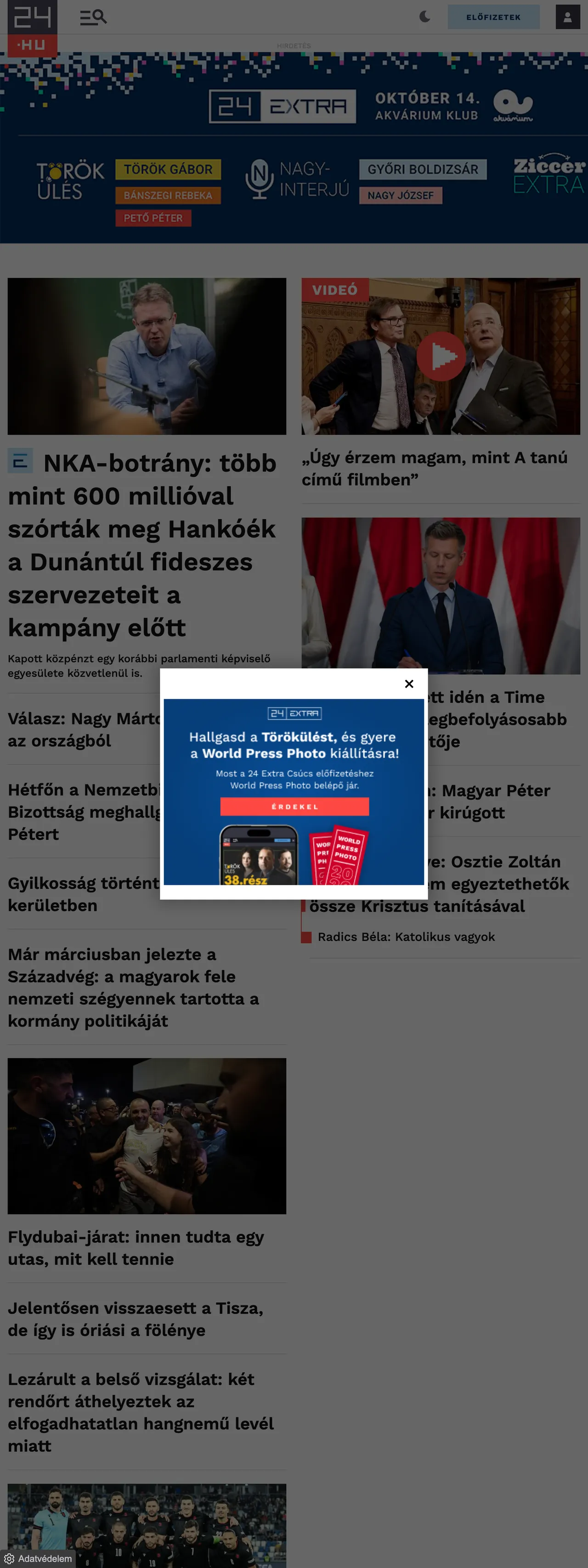 Screenshot of the 24.hu front page