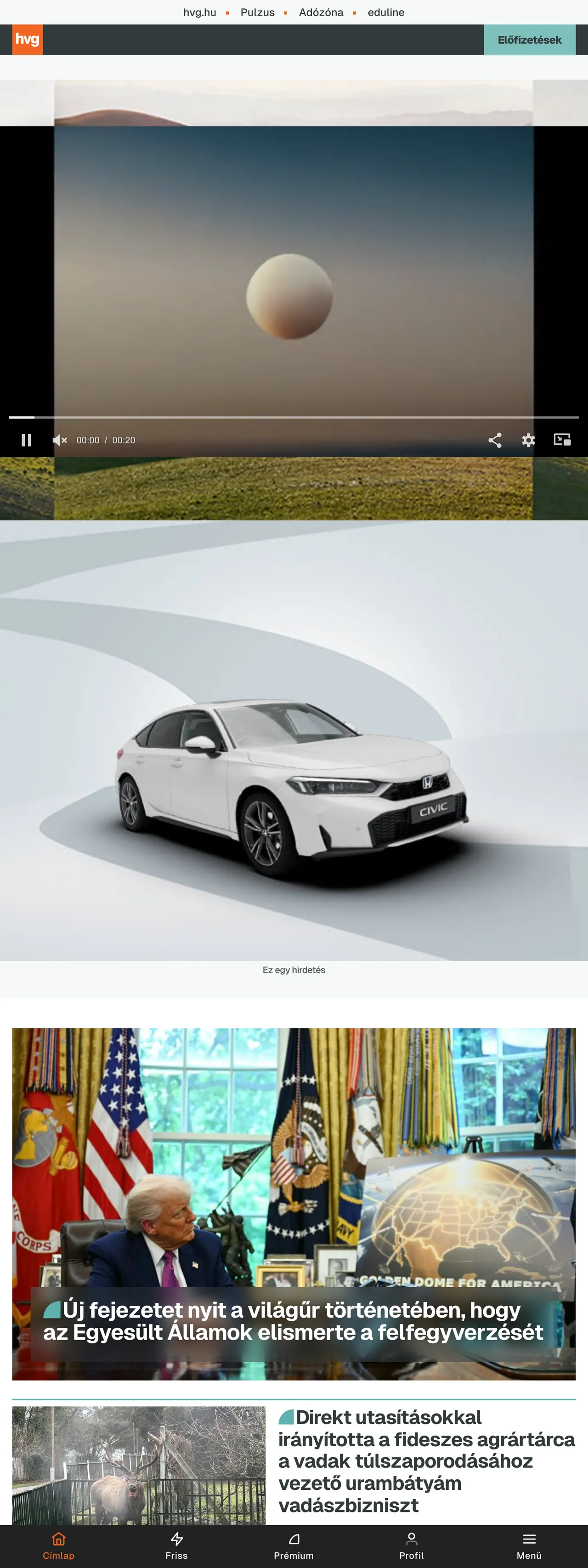 Screenshot of the HVG front page