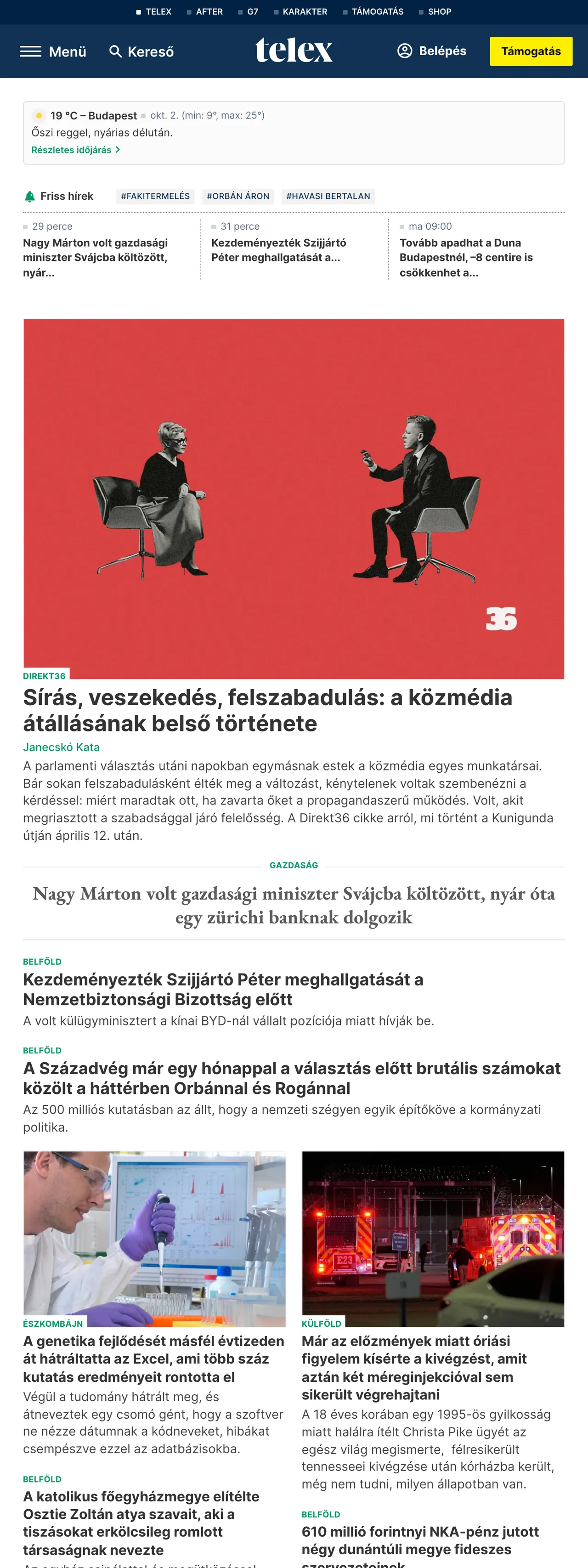Screenshot of the Telex front page
