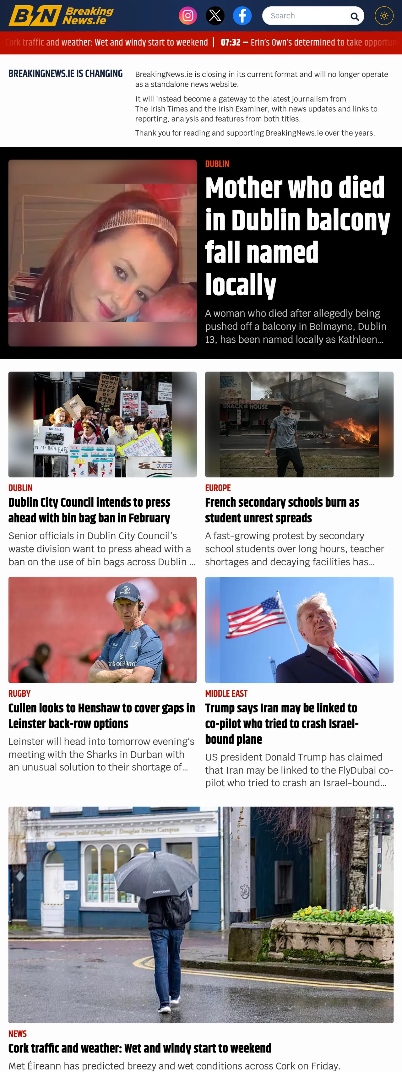 Screenshot of the BreakingNews.ie front page