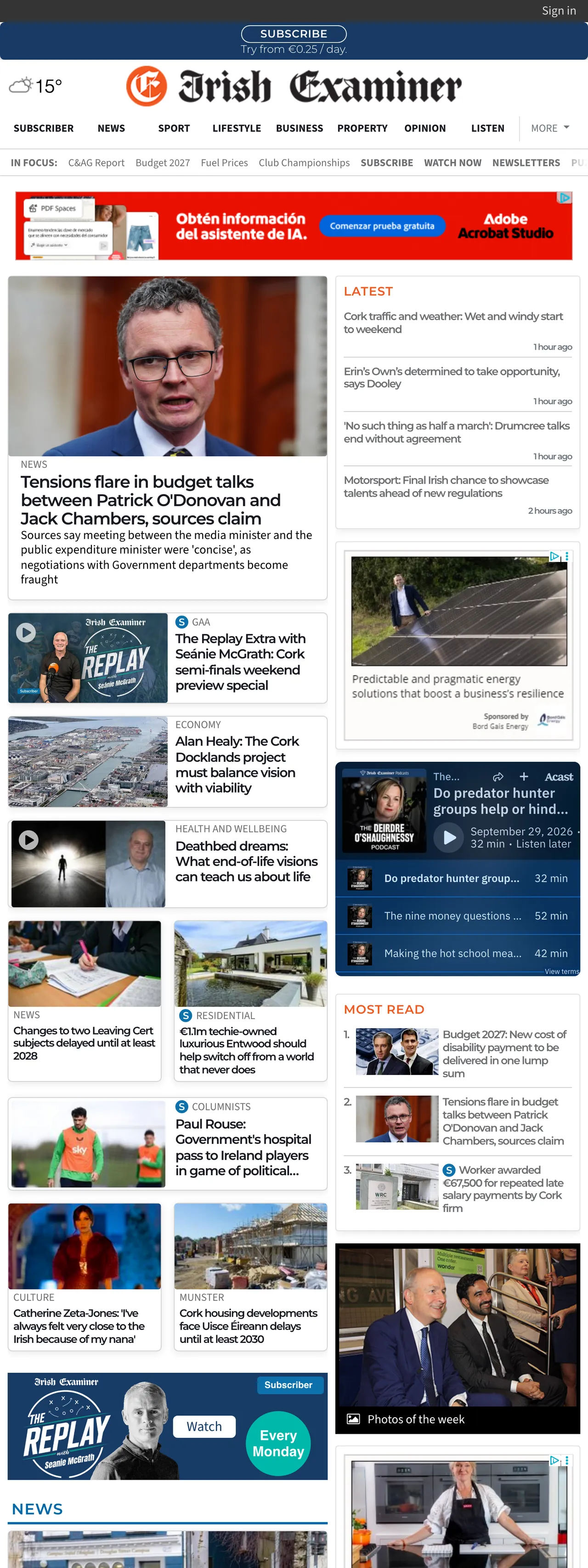 Screenshot of the Irish Examiner front page