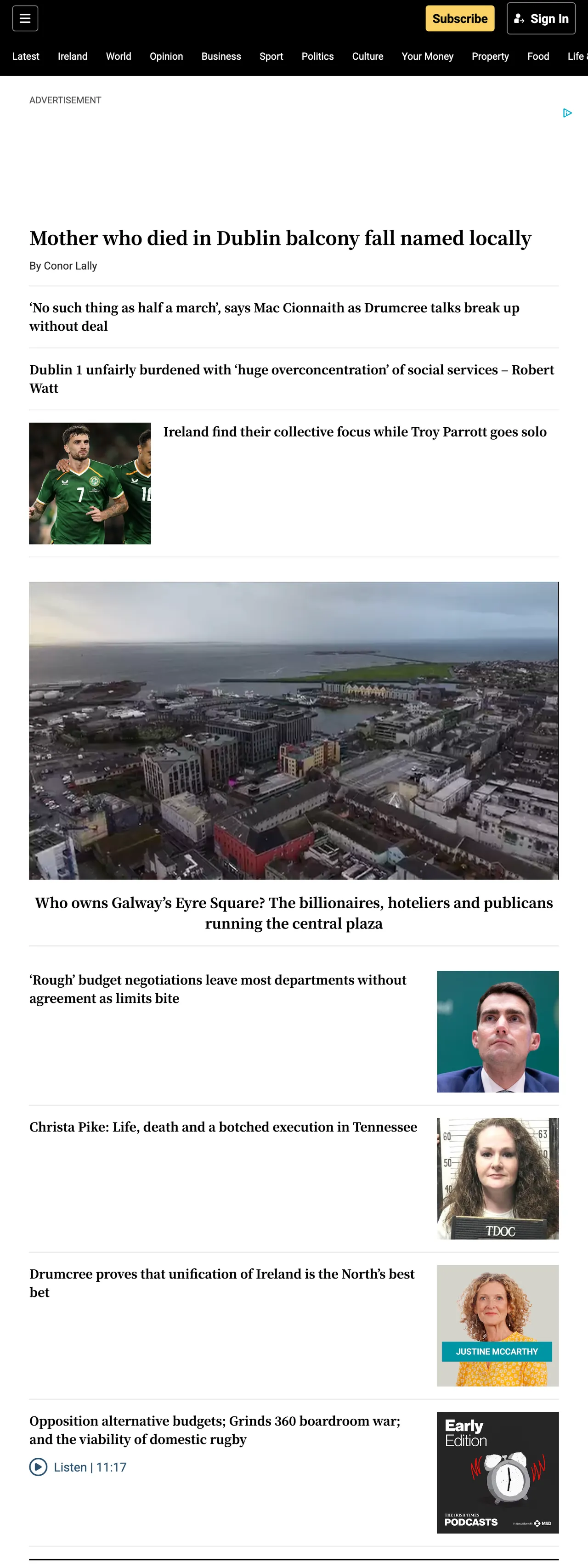 Screenshot of the The Irish Times front page