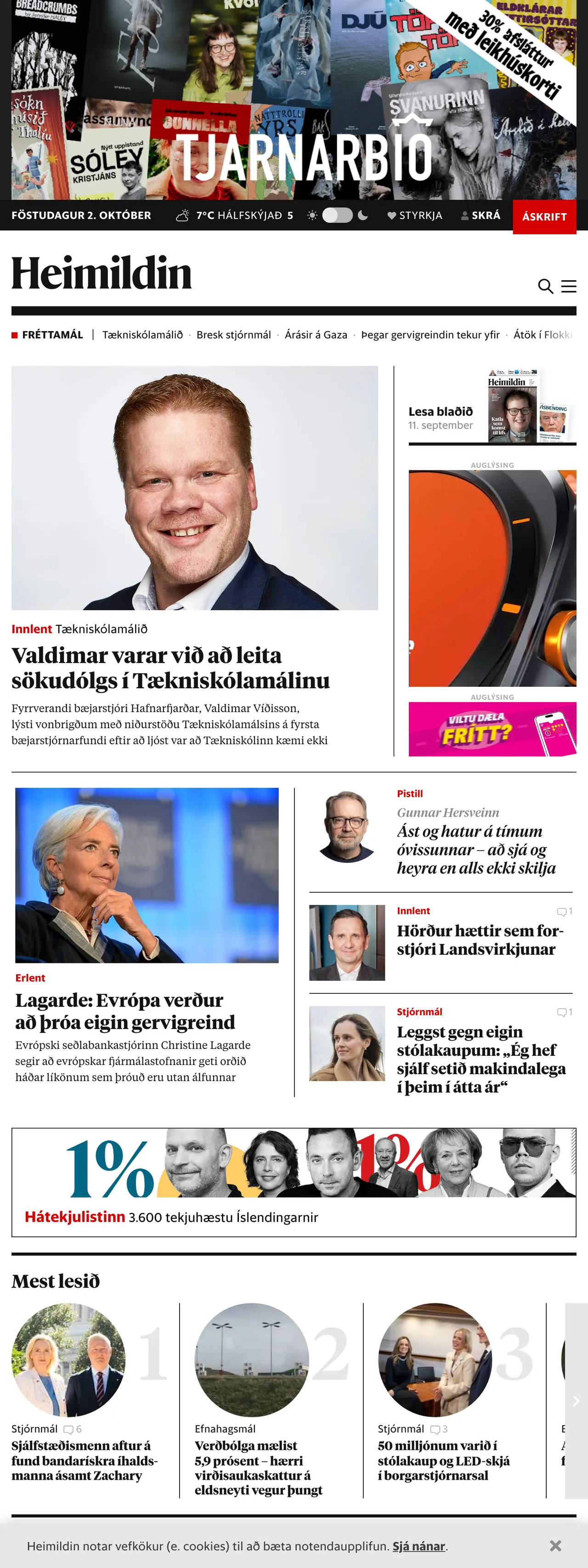 Screenshot of the Heimildin front page