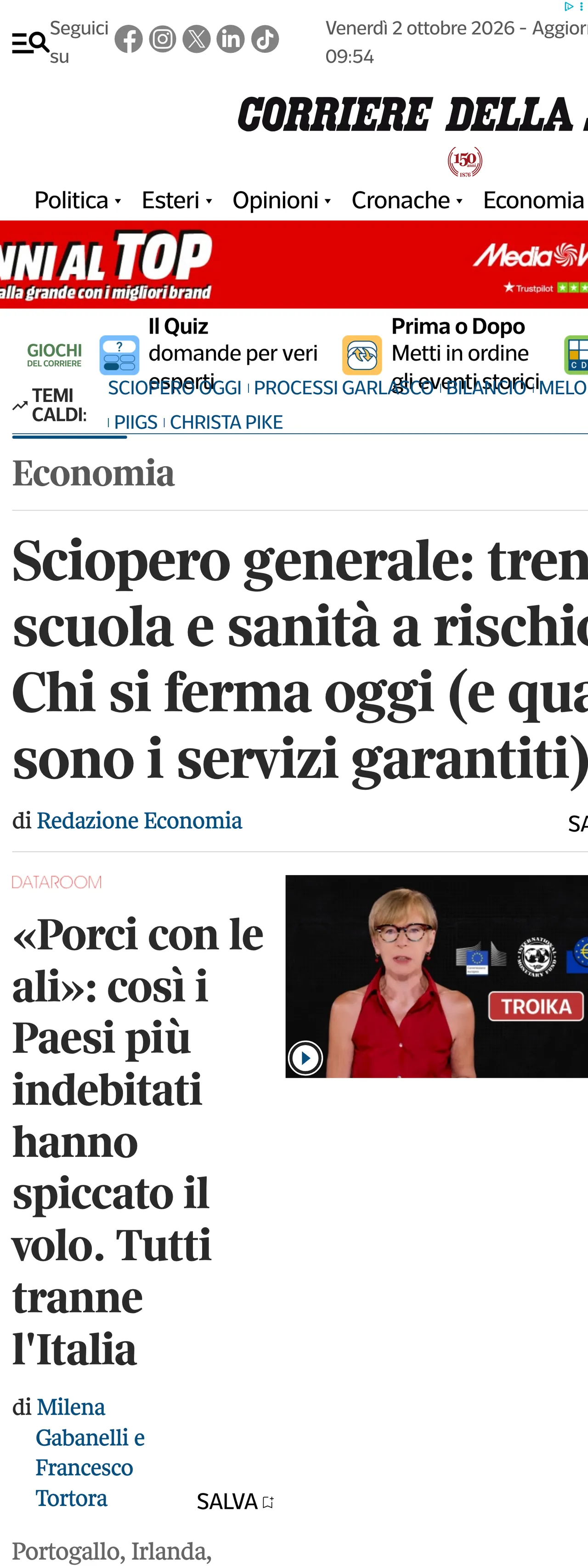 Screenshot of the Corriere della Sera front page