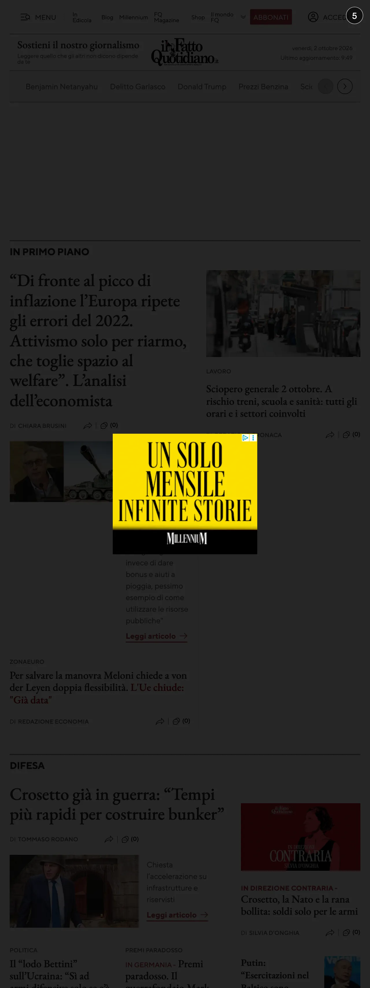 Screenshot of the Il Fatto Quotidiano front page