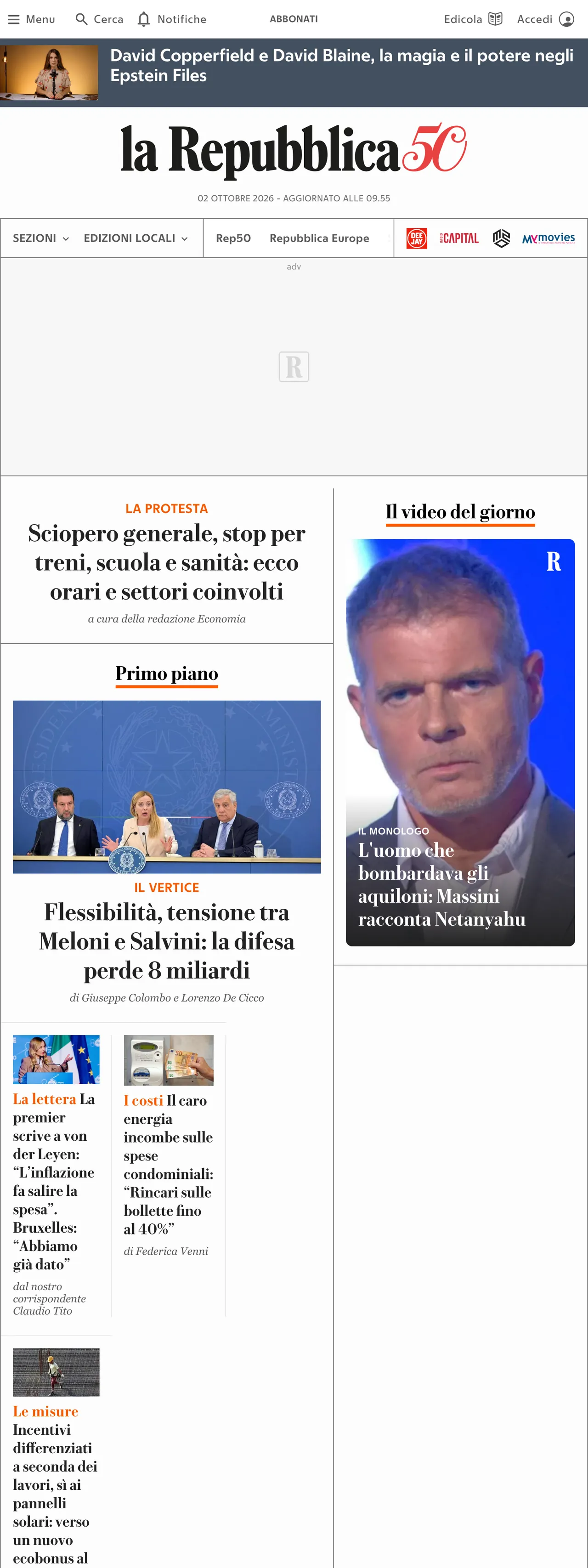 Screenshot of the la Repubblica front page