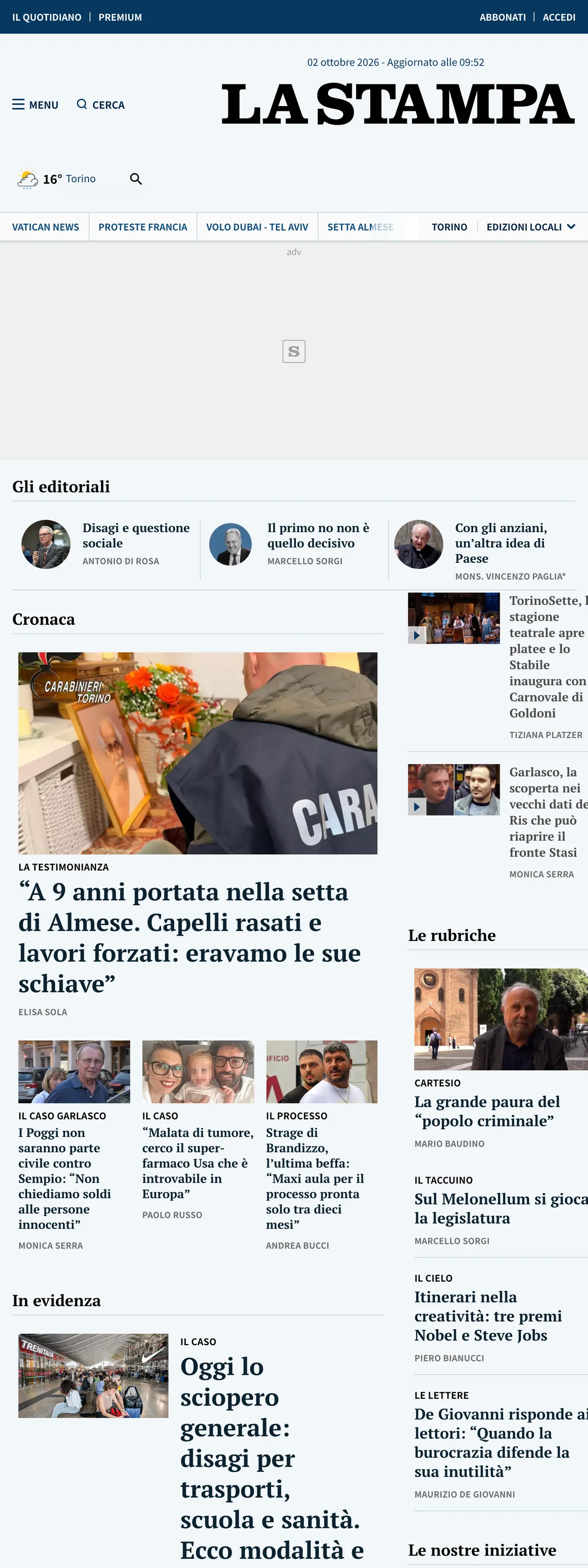 Screenshot of the La Stampa front page